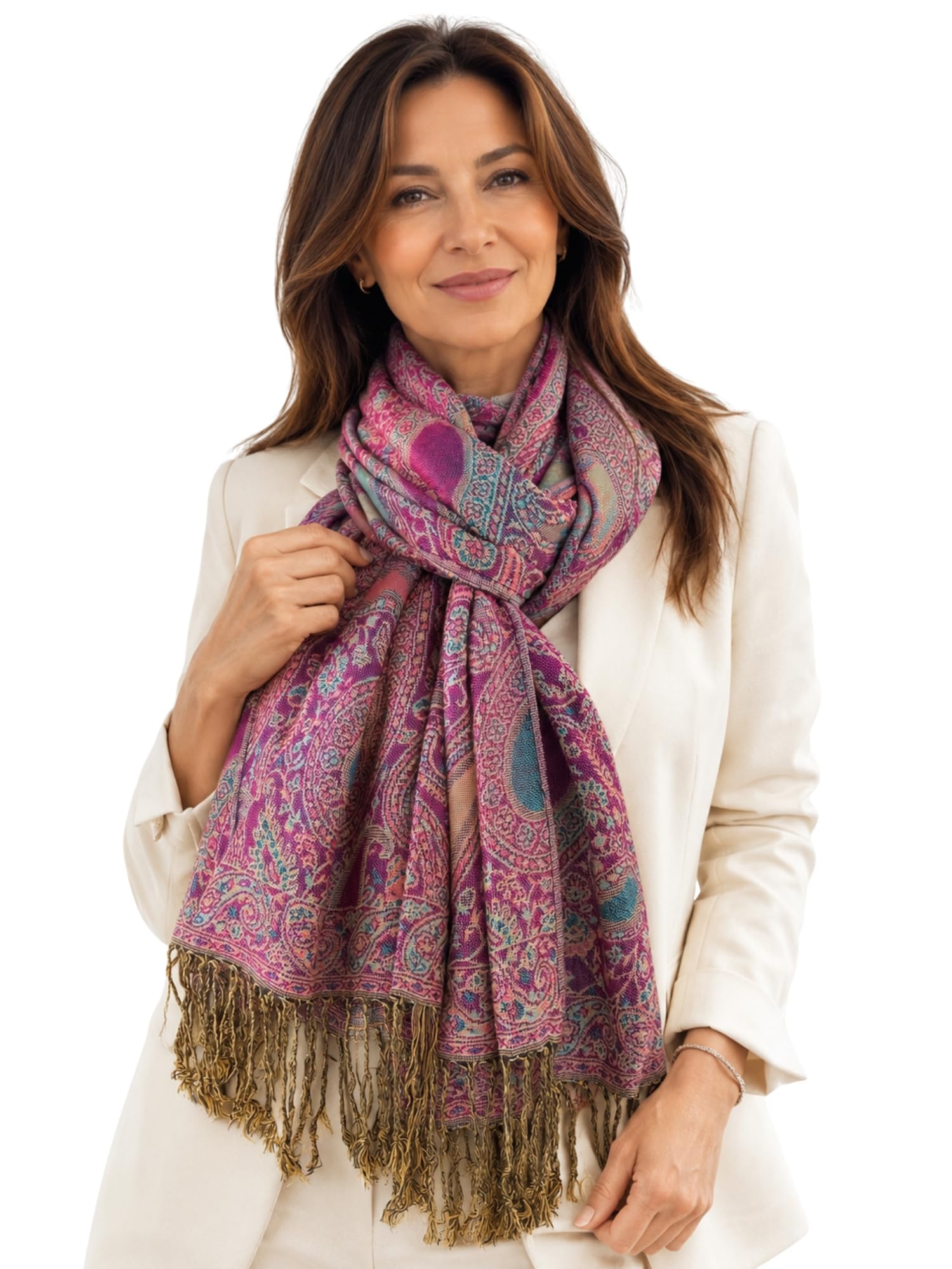 Women's Large Multicolour Pashmina Shawl Scarf, Woman Rainbow Coloured Scarf, Bright Multi Colour Wrap, Lightweight Summer Evening Paisley Floral Stole Winter (paisley fuchsia)