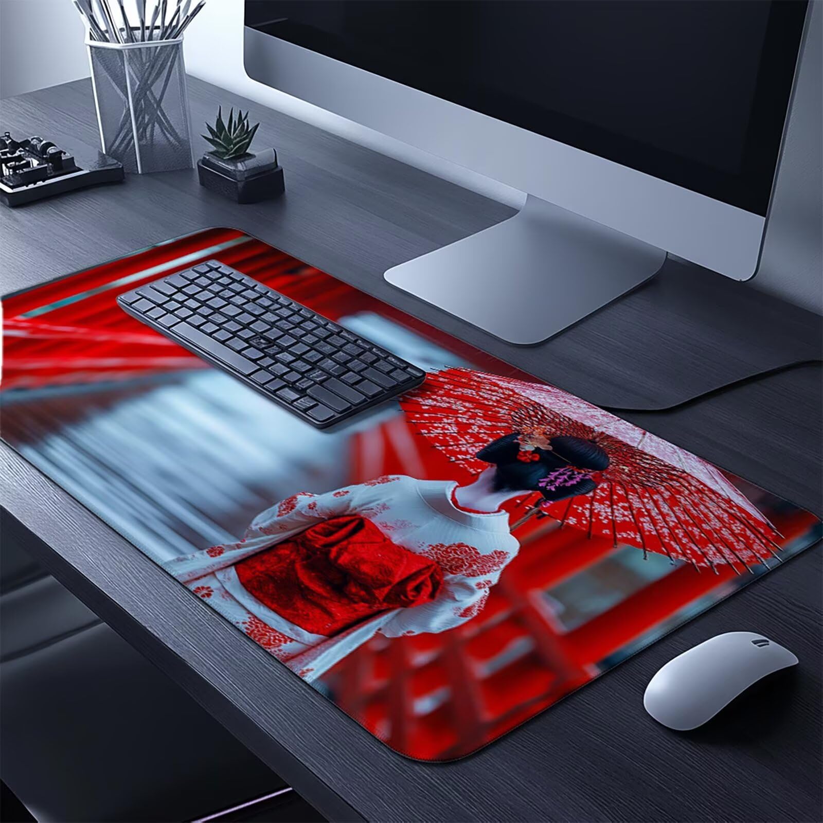 Podkładka pod mysz dla graczy, japońska gejsza XXL, 100 x 50 x 0,3 cm, wodoodporna, podkładka na biurko, szyte krawędzie, antypoślizgowa, gumowa podstawa, podkładka pod mysz dla graczy, FSBD-7682