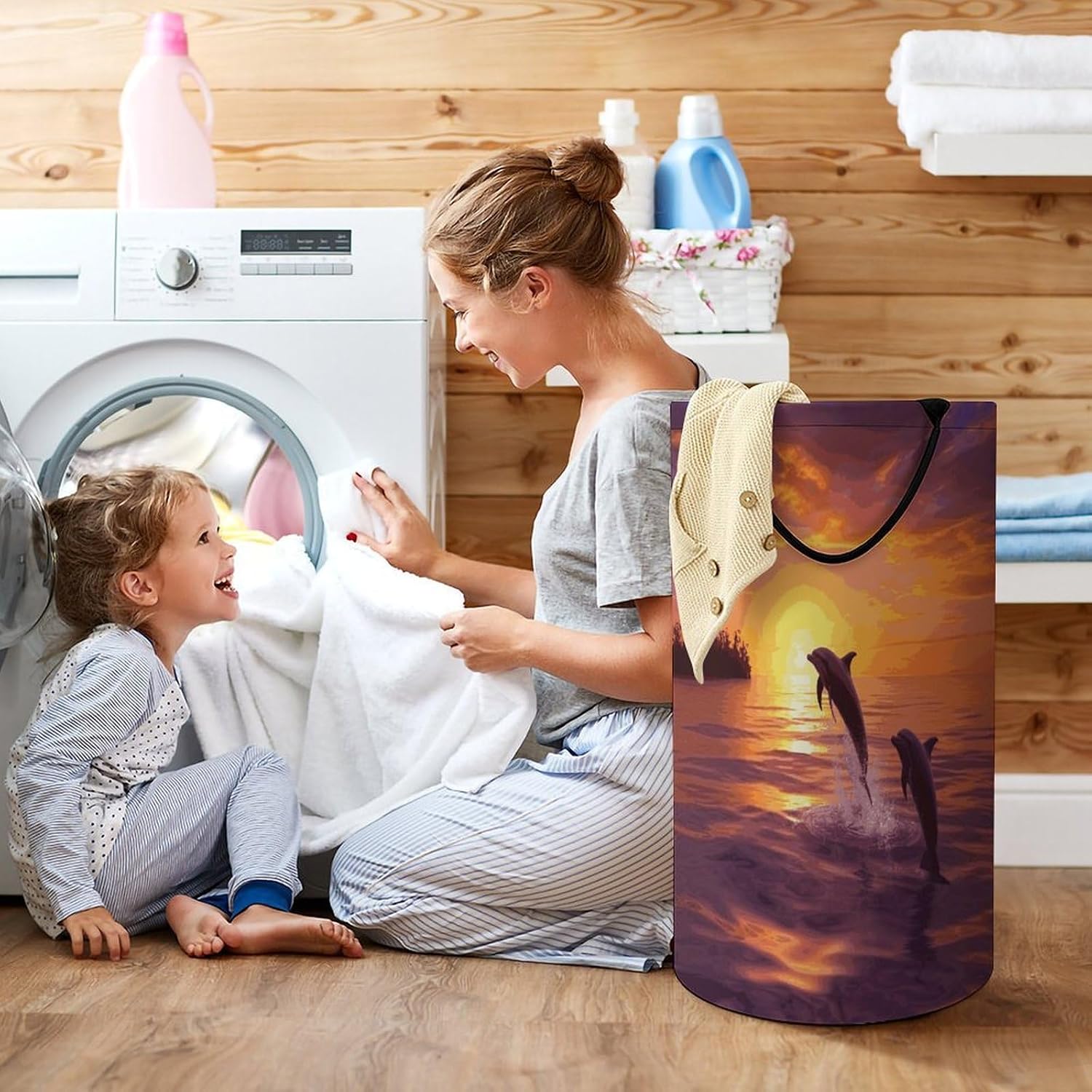 Sunset Dolphins Laundry Basket 86L Laundry Hamper | Collapsible Clothes Hamper with Reinforced Handles Waterproof Tall Foldable Dirty Clothes Basket for Hotel, Home, Closet