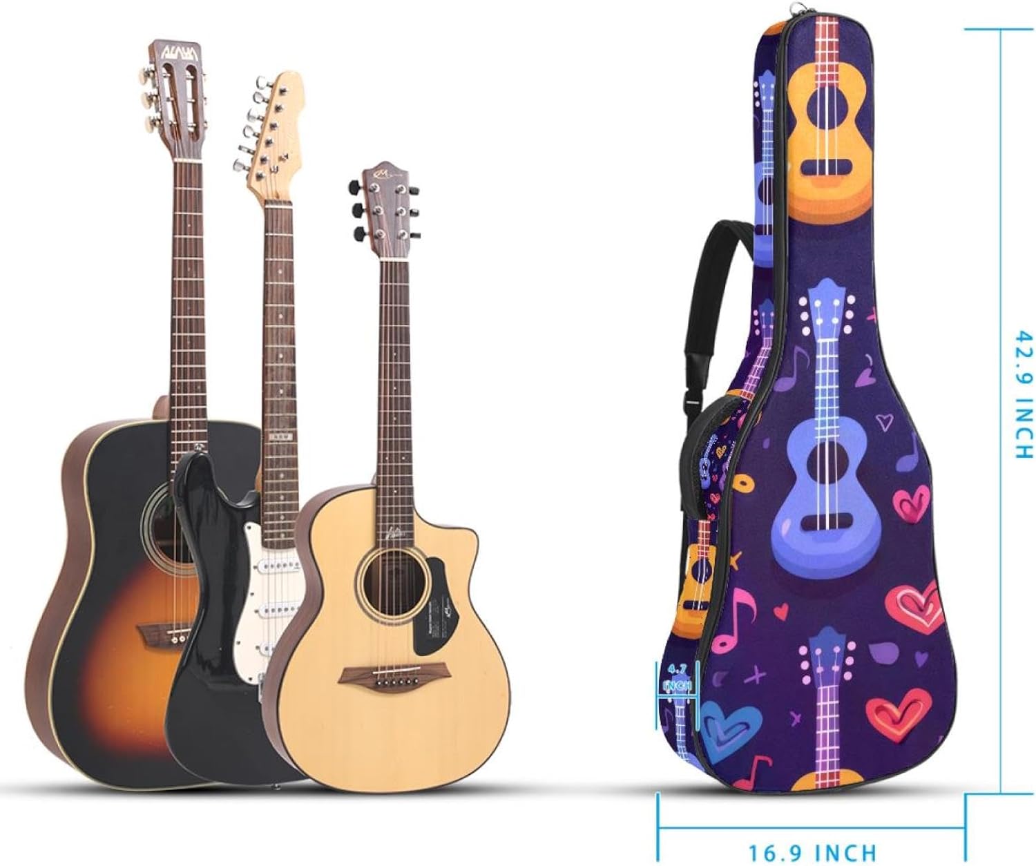 Acoustic Guitar Bag, 40 41 42 Inch Guitar Case Cover Soft Guitar Gig Bag for Acoustic Electric Bass Classical Guitar, Ukuleles with Musical Notes and Hearts