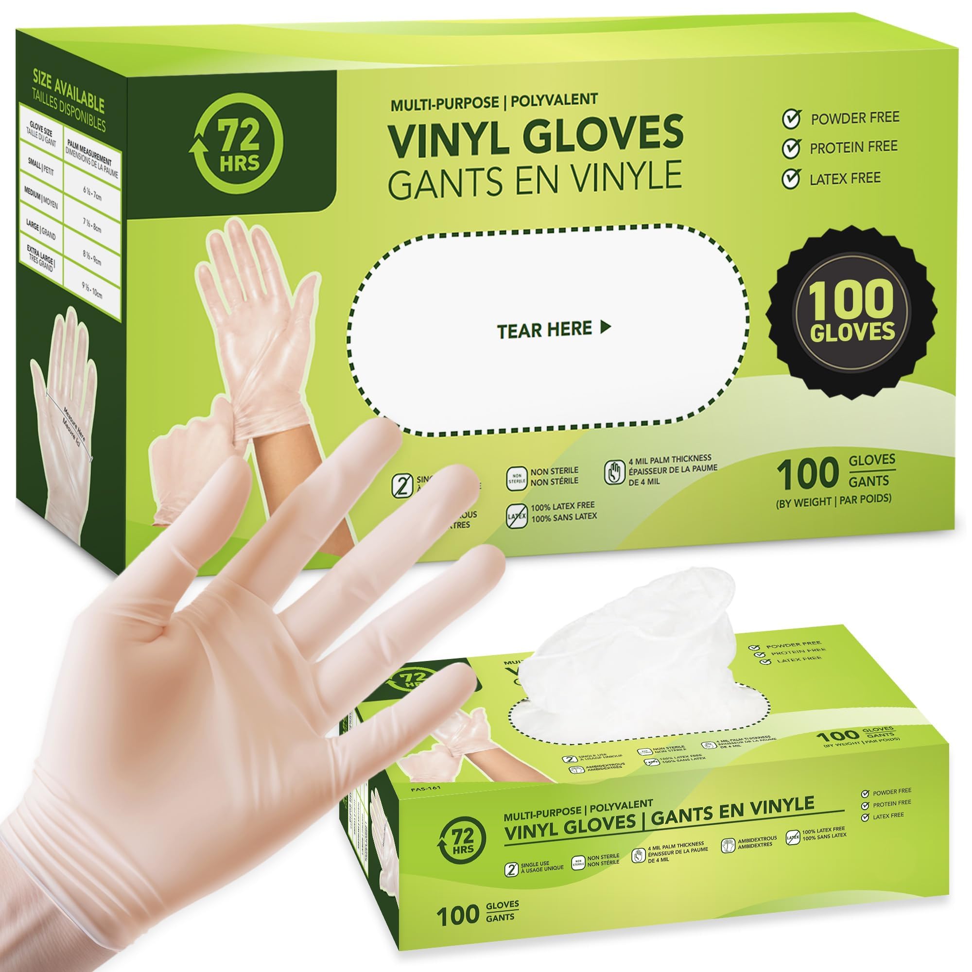 72 HRS Vinyl Gloves - 4 Mil Clear Disposable Gloves, Food Gants Jetables | Food Grade, Non Latex Gloves, Powder-free Vinyl Gants Jetables for Cooking, Food Prep & Household Cleaning