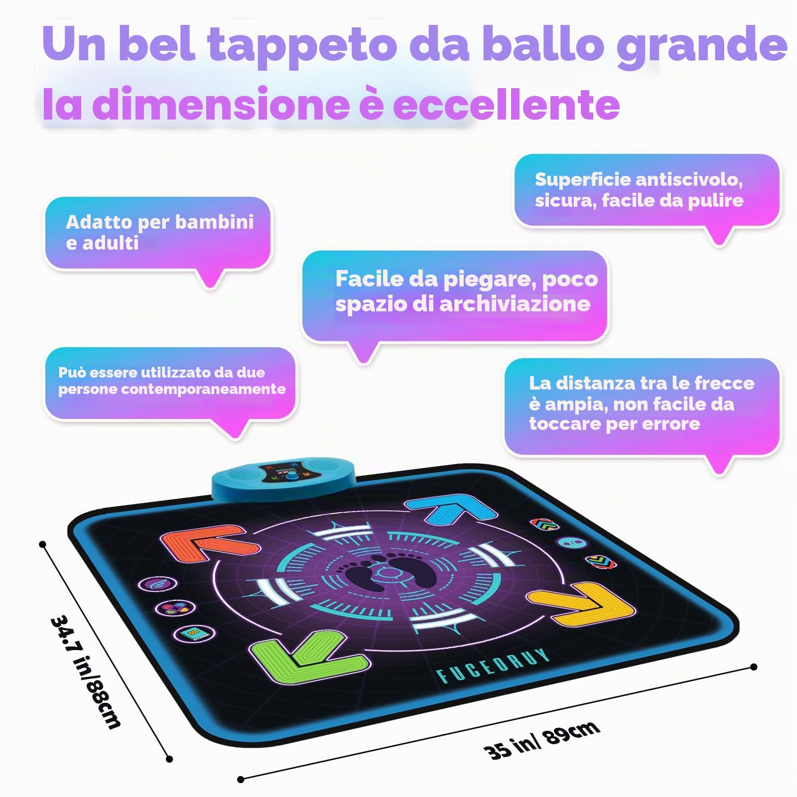 FUCEORUY Tappeto Ballo Bambini, Tappeto Musicale con 3 modalità di Gioco, Volume Regolabile Tappetino da Ballo Giocattoli Natale Regali Compleanno per Ragazzi Ragazze 4 5 6 7 8 9 10+ Ages (95 x 95cm)