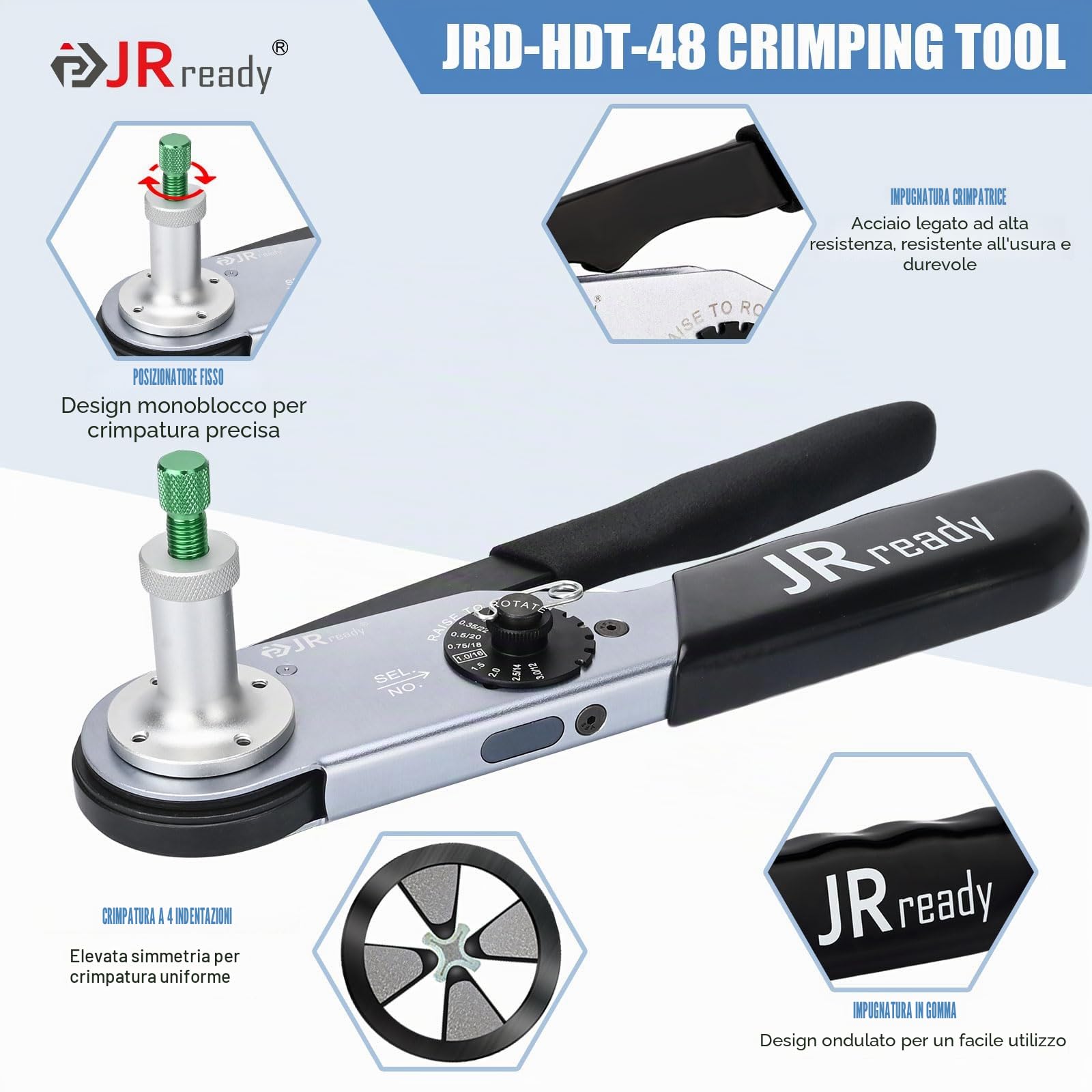 JRready JRD-HDT-48 Pinza a Crimpare Deutsch per Contatti Solidi da 12, 16, 20 Gauge, Localizzatore Pinza a Crimpare Monopezzo Equivalente alla Pinza a Crimpare Deutsch HDT-48-00 (12-22AWG)