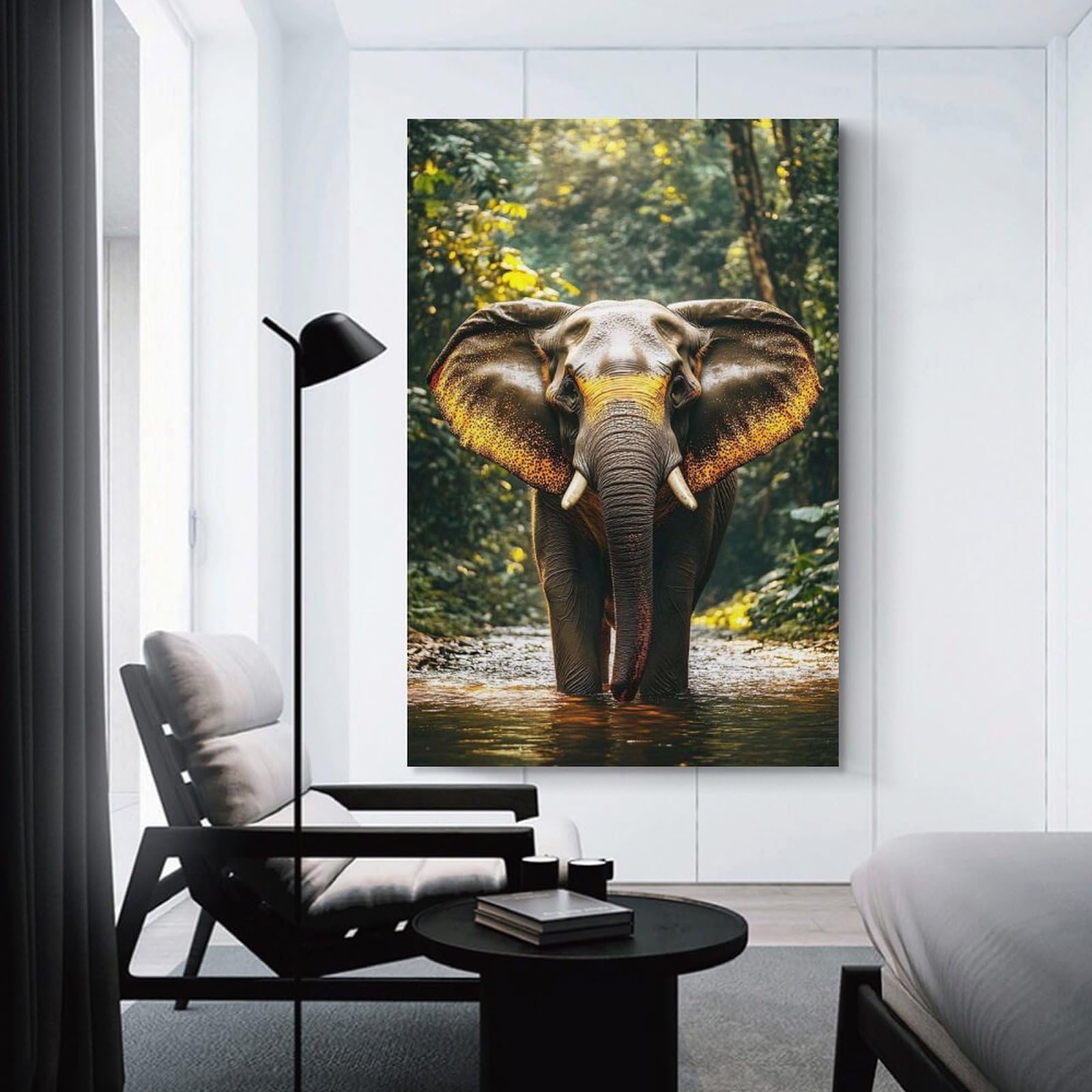Junmoney Elephant in Jungle River Room Decor Wall Art, 24x36inch(60x90cm), for Living Room, Bedroom, Office Or Hallway, Decorative Artwork with Broad Appeal