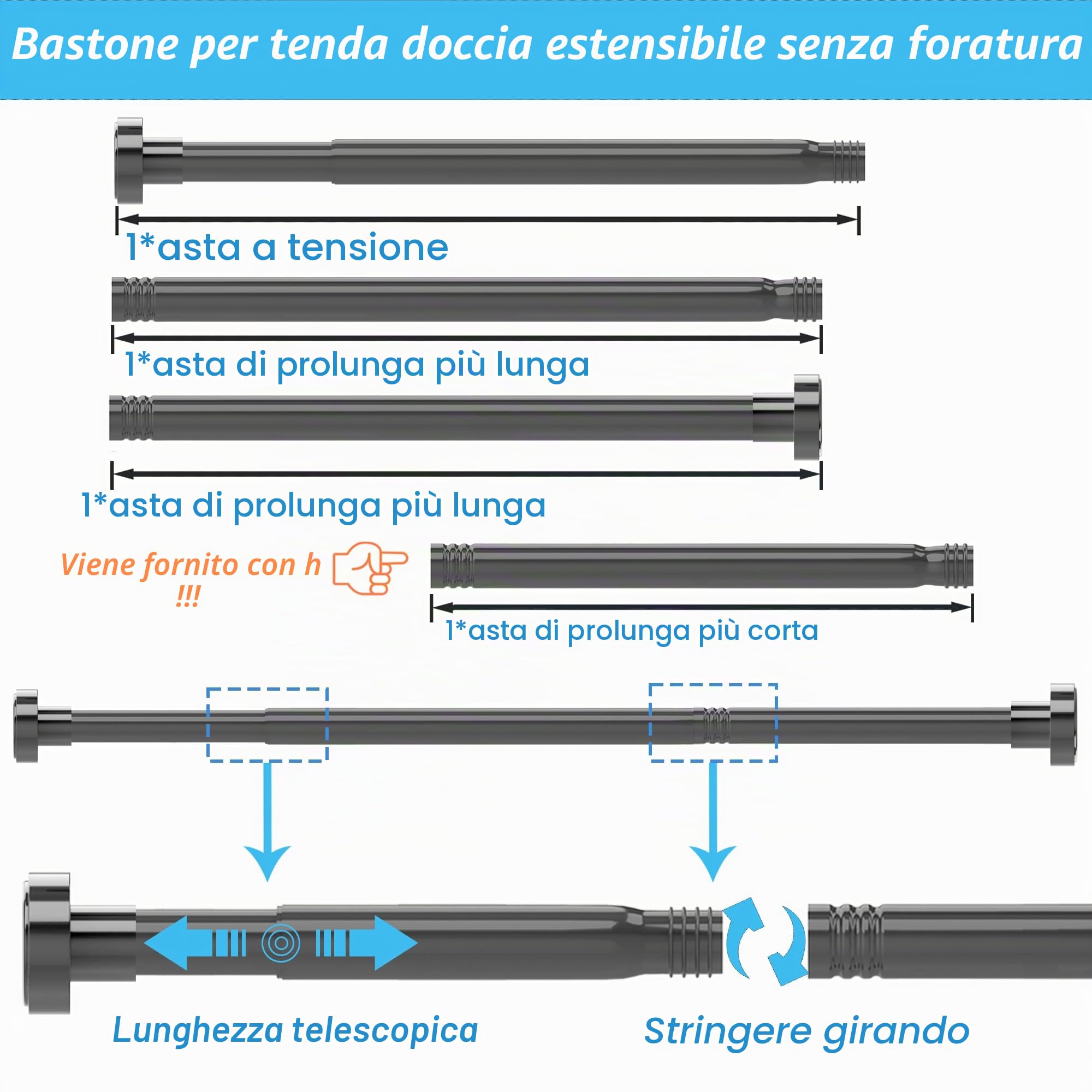 Bastone Tenda Doccia Bastone Per Tenda a Pressione Senza Foratura Estensibile Asta Tenda a Pressione per Doccia, Diametro 25mm, 85-160cm, Bianco(1 Pezzo)