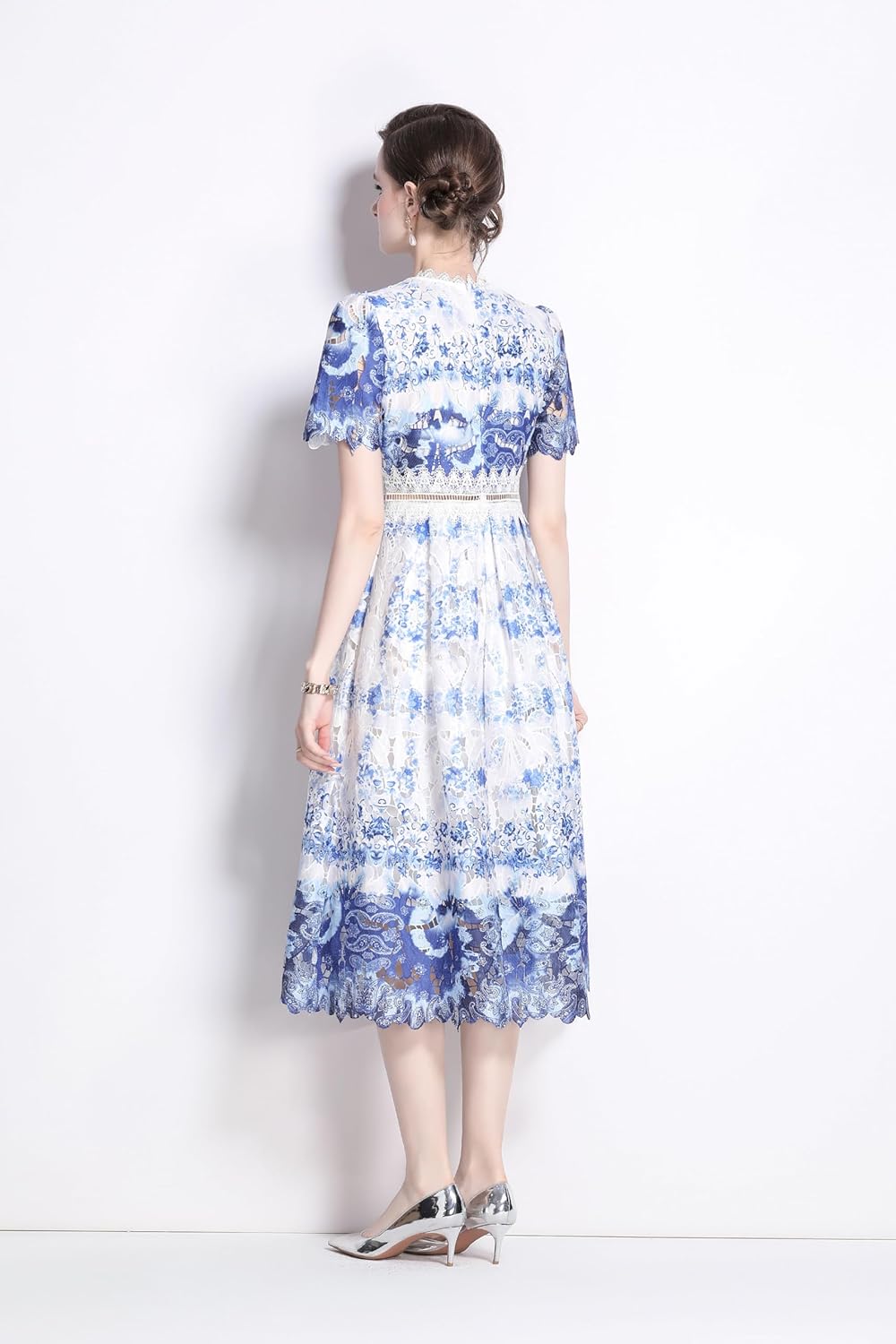 LAI MENG FIVE CATS Women's Lace Floral Short Sleeve Crochet Waist Cocktail Midi Dress - Image 6