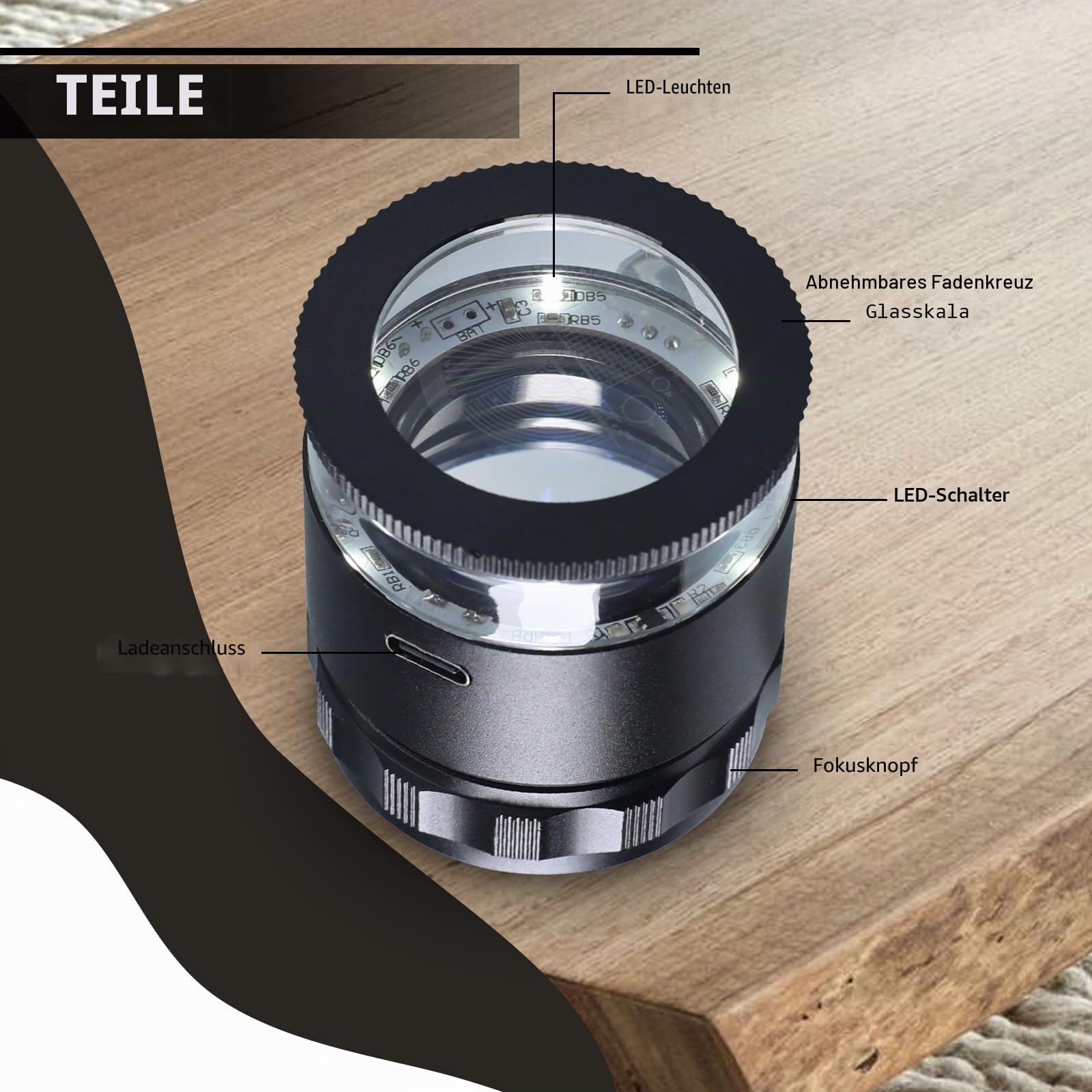 Juwelierlupe mit 10-facher Vergrößerung, mit 6 LED-Lichtern und 3 Glasskala, Schmucklupe, 25 mm Sichtfeld, beleuchtete Juwelierschlaufe für Edelsteine, Münzen, Briefmarken, Uhren