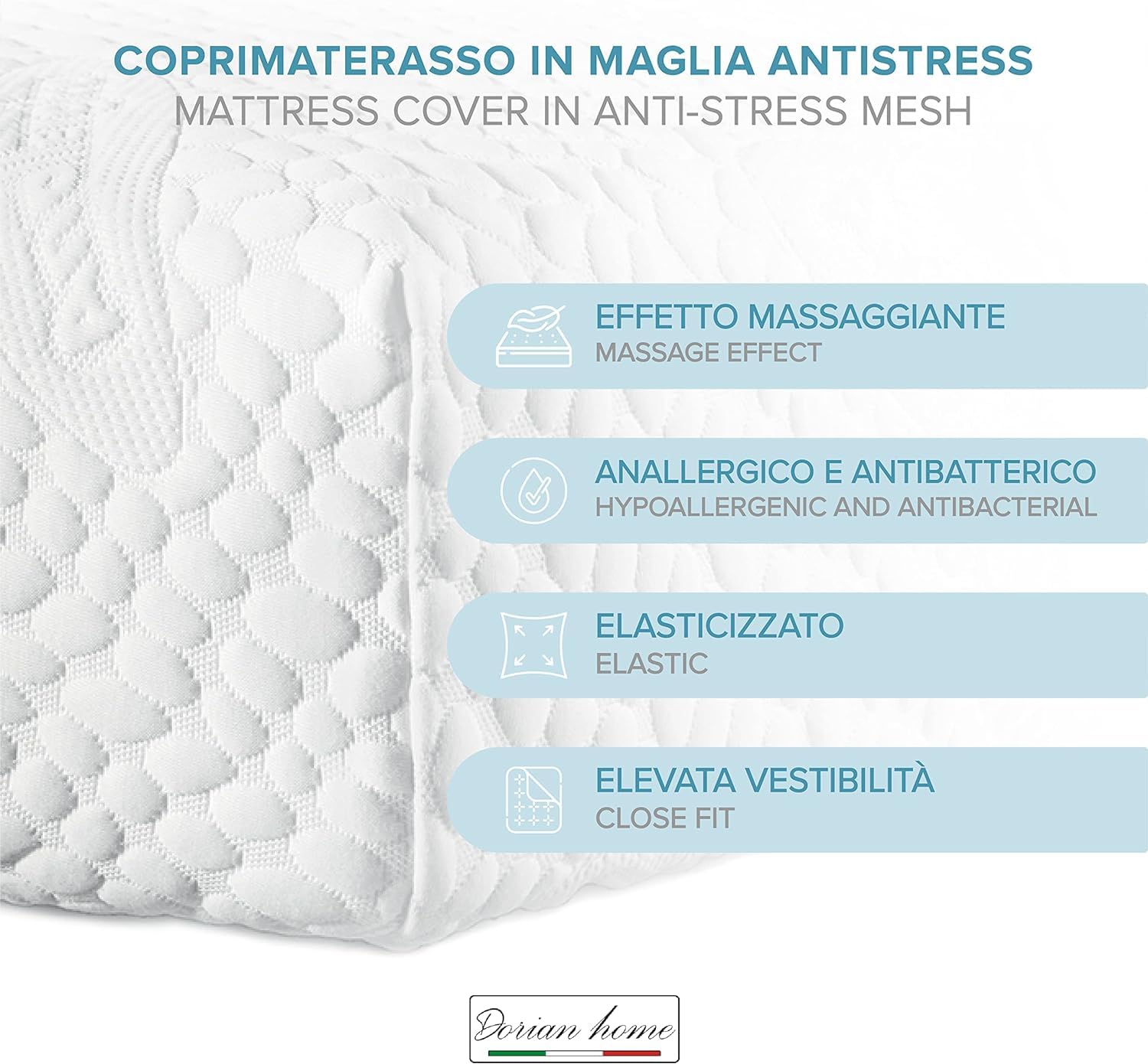 Coprimaterasso Massaggiante Antistress Imbottito Anallergico Antiacaro Traspirante Certificato OEKO TEX Made in Italy, misura matrimoniale, dimensione 170/180 cm x 190x200 cm + 25 cm