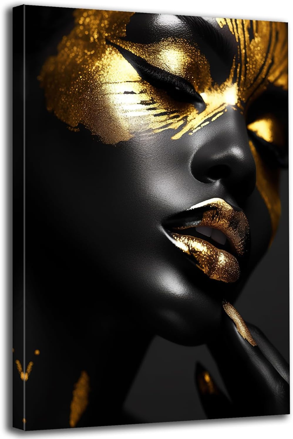 GLOKAKA Black Gold African American Woman Canvas Wall Art Golden Black Woman Prints Posters Picture Pretty Africa Girl Paintings for Bedroom Living Room Home Decor