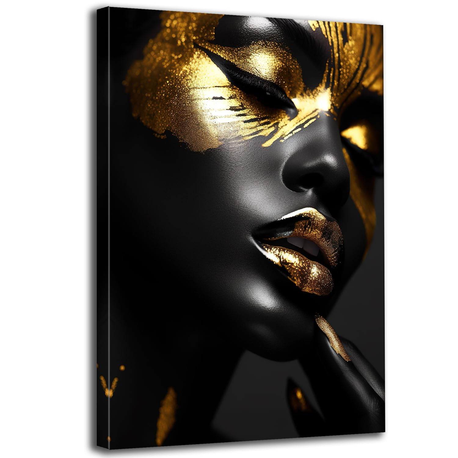 GLOKAKA Black Woman Portrait Artwork African Girl Black and Gold Picture Poster Living Room Canvas Wall Art Modern Portrait Artwork for Home Bedroom Decoration