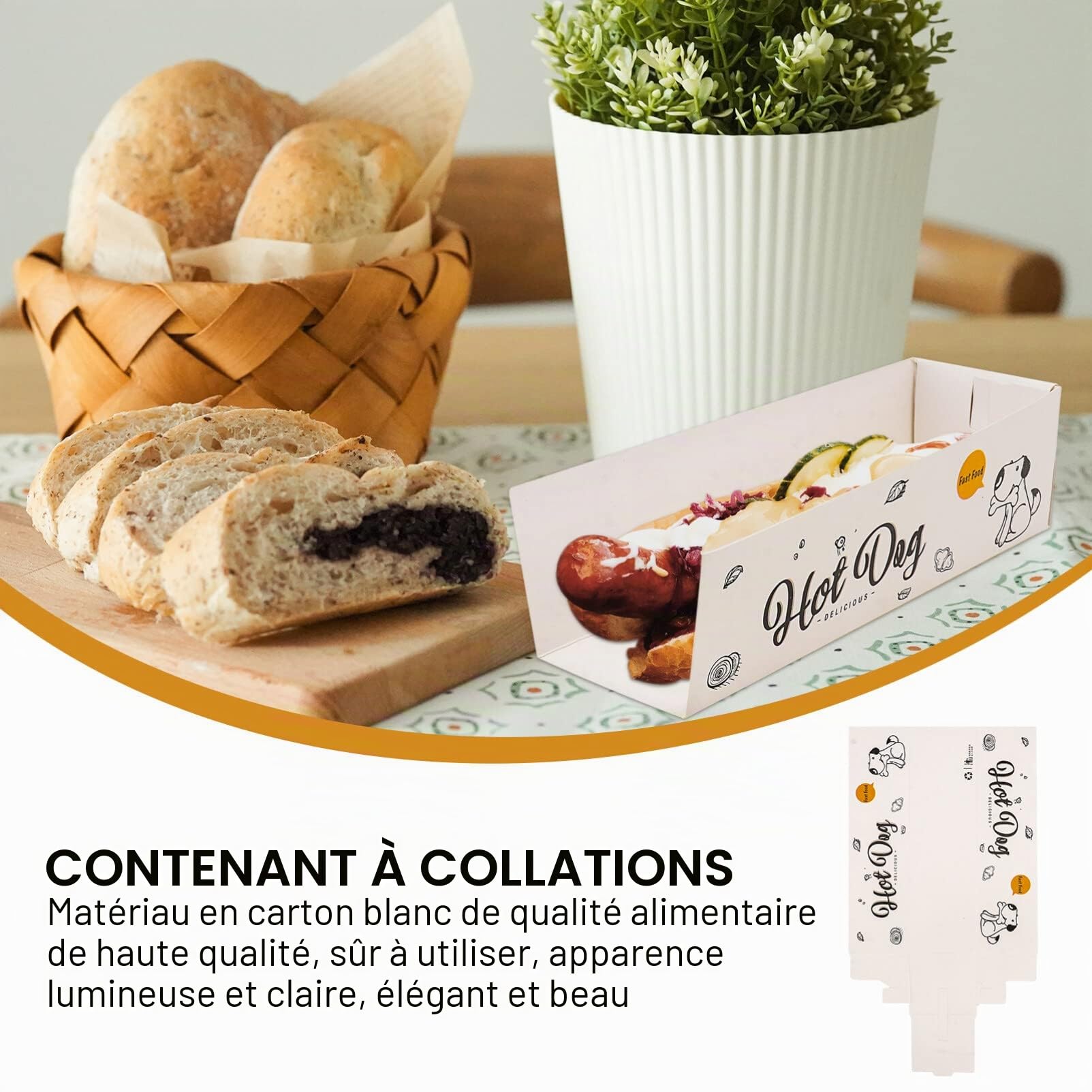 Lot de 100 plateaux jetables pour hot-dog - Pour les fêtes - Papier blanc