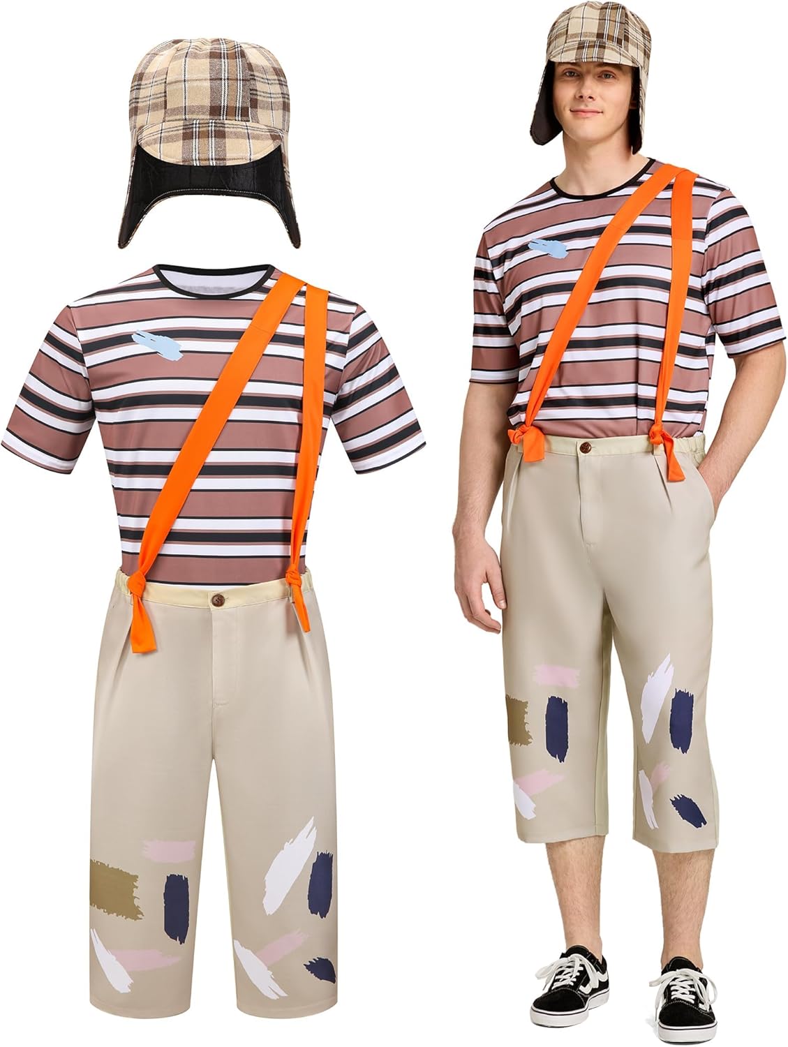 Halloween Costume Adult Men Chavo Striped Shirt Suspenders Pants Hat Mexican TV 4Pcs Cosplay Party Plus Size Suit