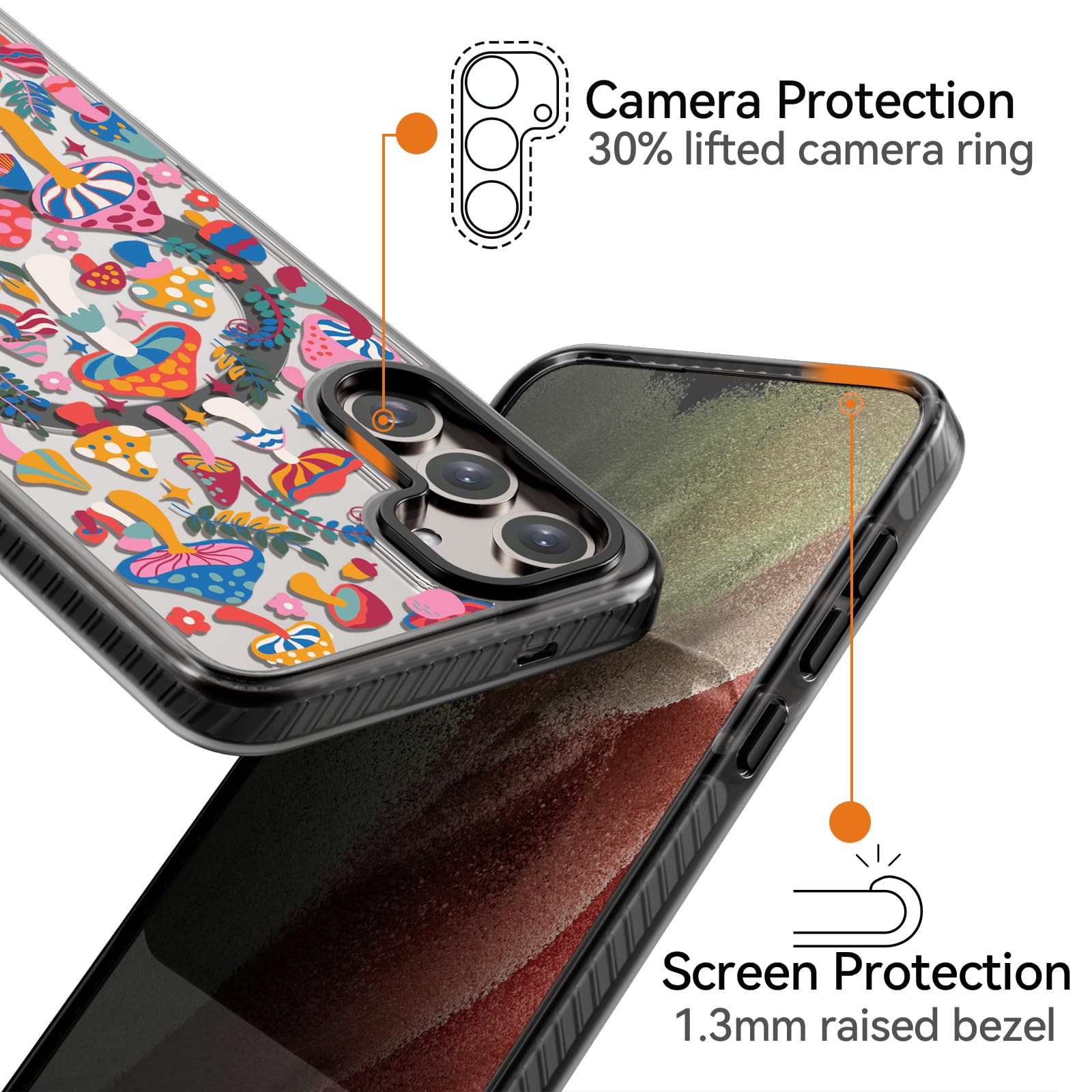 Rosarnnah Funda magnética para Samsung Magsafe bonita estética – duradera y divertida funda para teléfono – Diseño femenino de hongos y selva para mujer y niña de 6.7 pulgadas, color negro