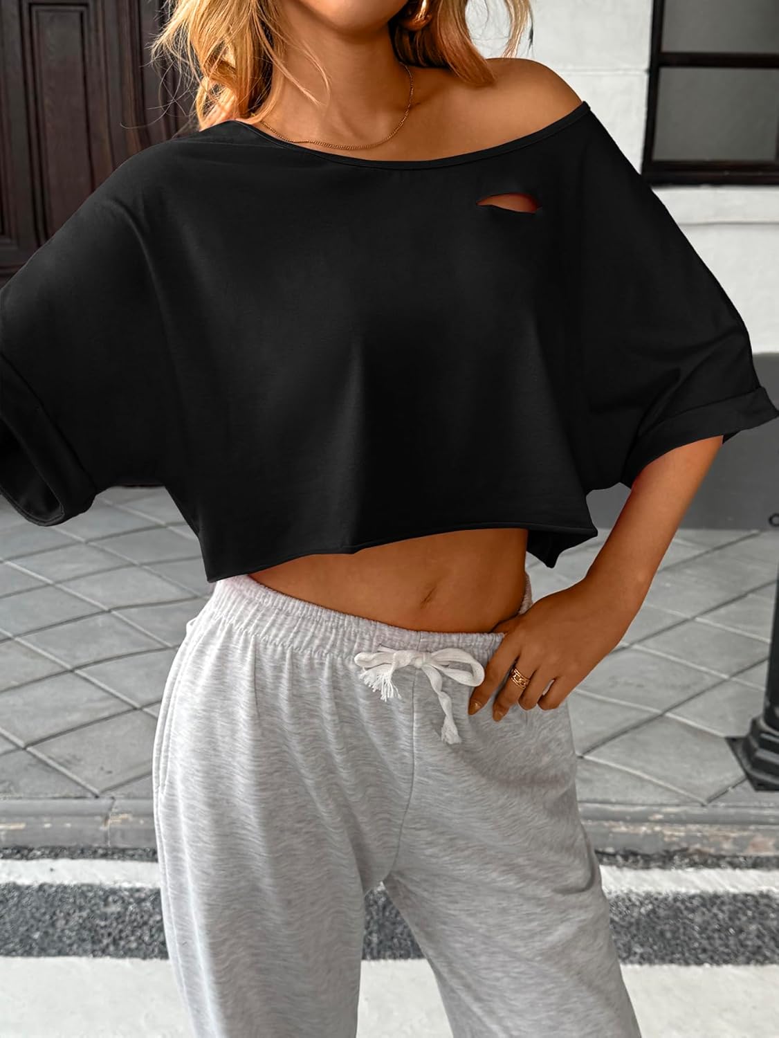 SOFIA'S CHOICE Women Distressed Off Shoulder Crop Top Ripped Loose Short Sleeve T Shirt - Image 3