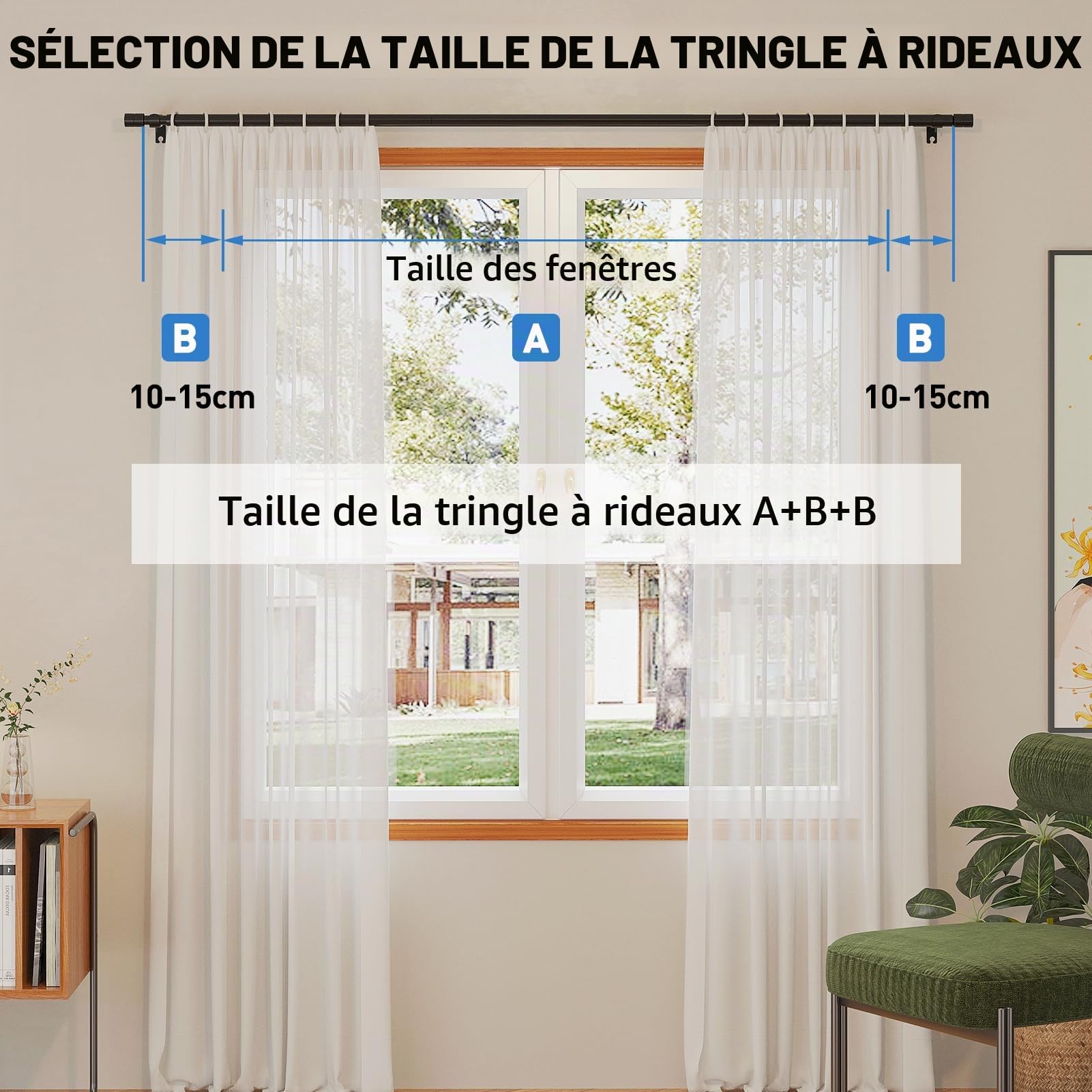WELDUN Tringle à rideaux extensible en métal robuste pour fenêtre - 81 à 361 cm - Pour rideaux à œillets de 20 mm de diamètre - Noir