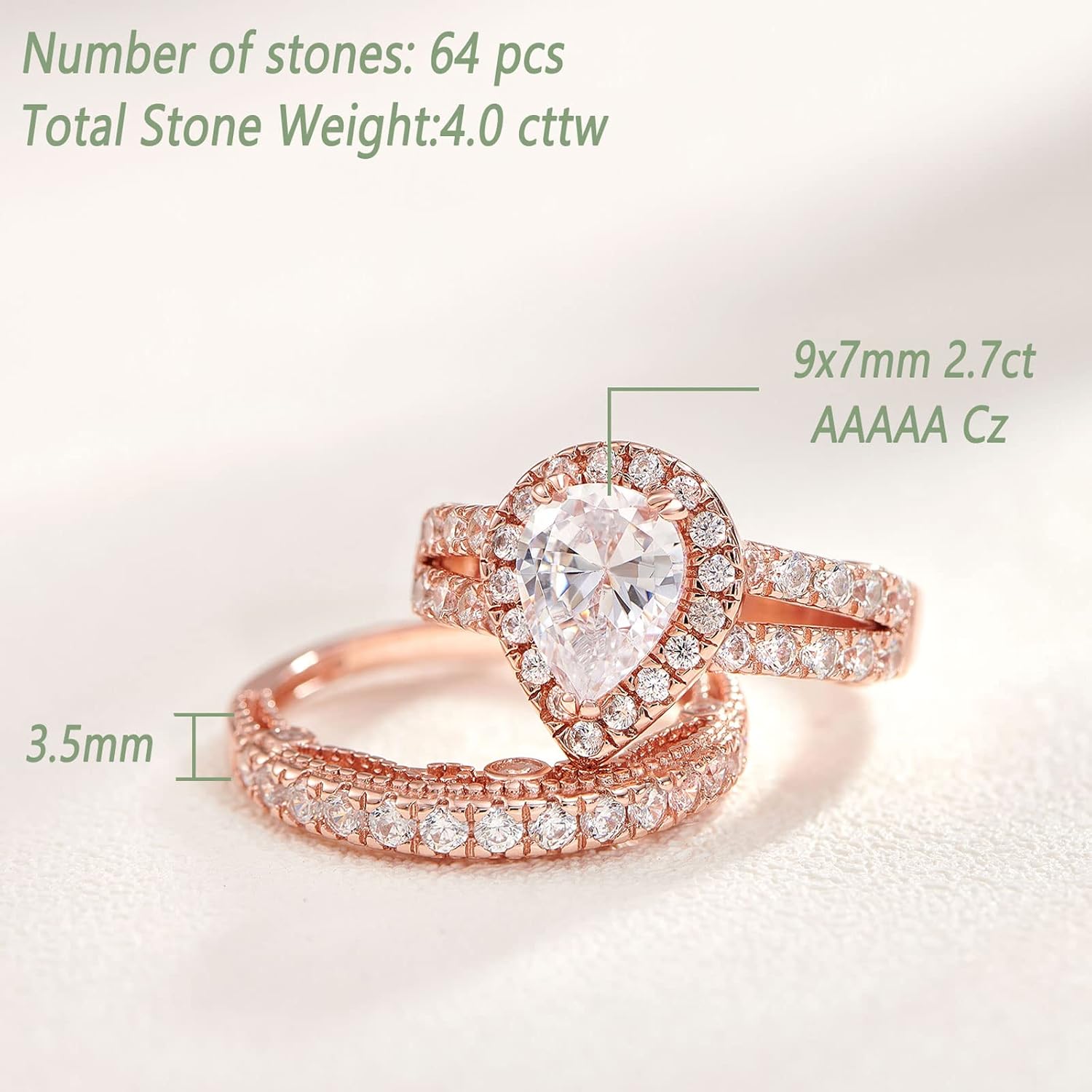 Wuziwen Pear Wedding Engagement Ring Set for Women 925 Sterling Silver Cubic Zirconia - Image 5