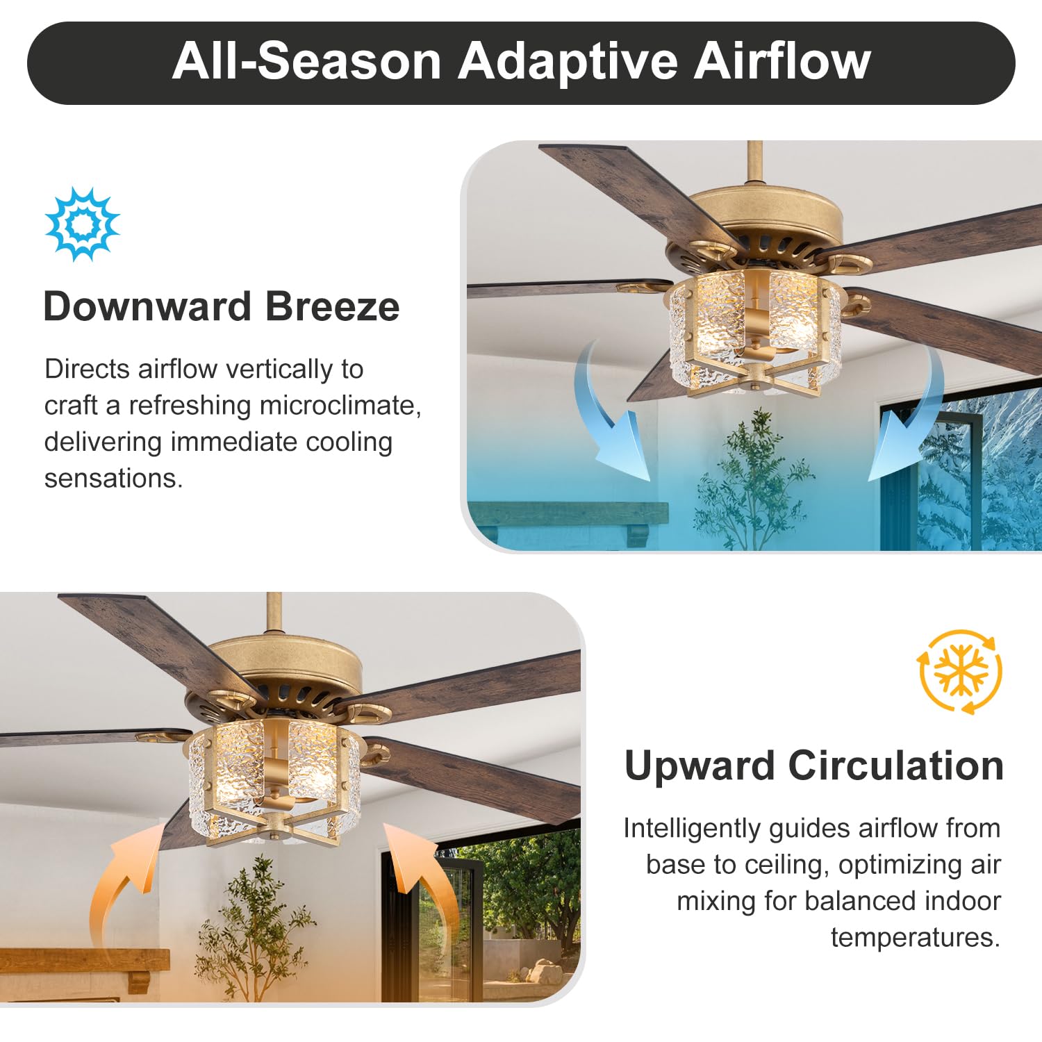 Ventilatore da soffitto moderno da 132 cm con kit di luce e telecomando, motore DC ultra silenzioso, design reversibile a 5 pale, accessorio di luce antico, doppia barra discesa per