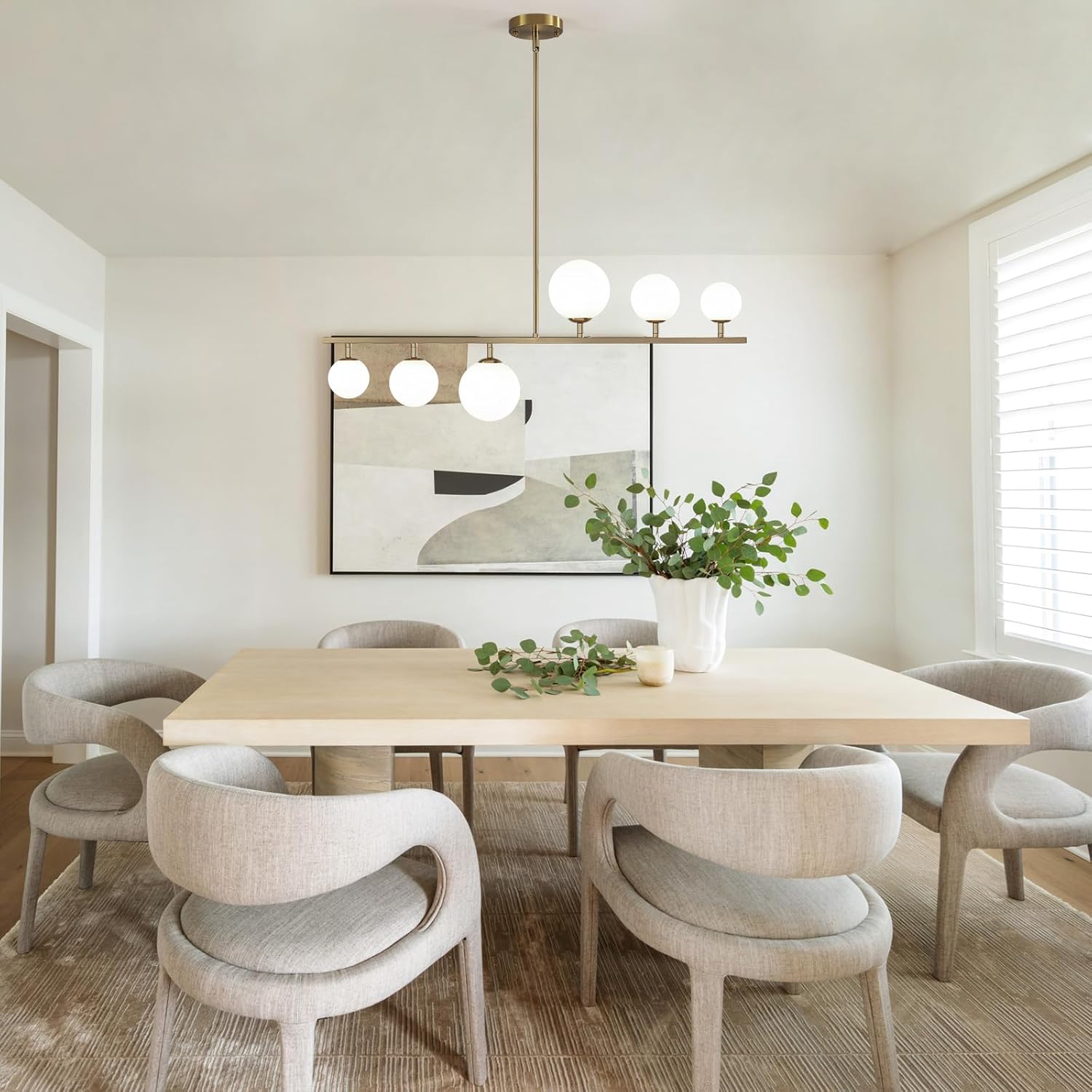 MEIJIA Mid Century Modern Chandelier, 6 Light Globe Sputnik Chandeliers Light Fixture with Milk Glass Shades, 40.5” Linear Chandelier for Kitchen Island, Brass Gold Dining Room Chandelier Over Table