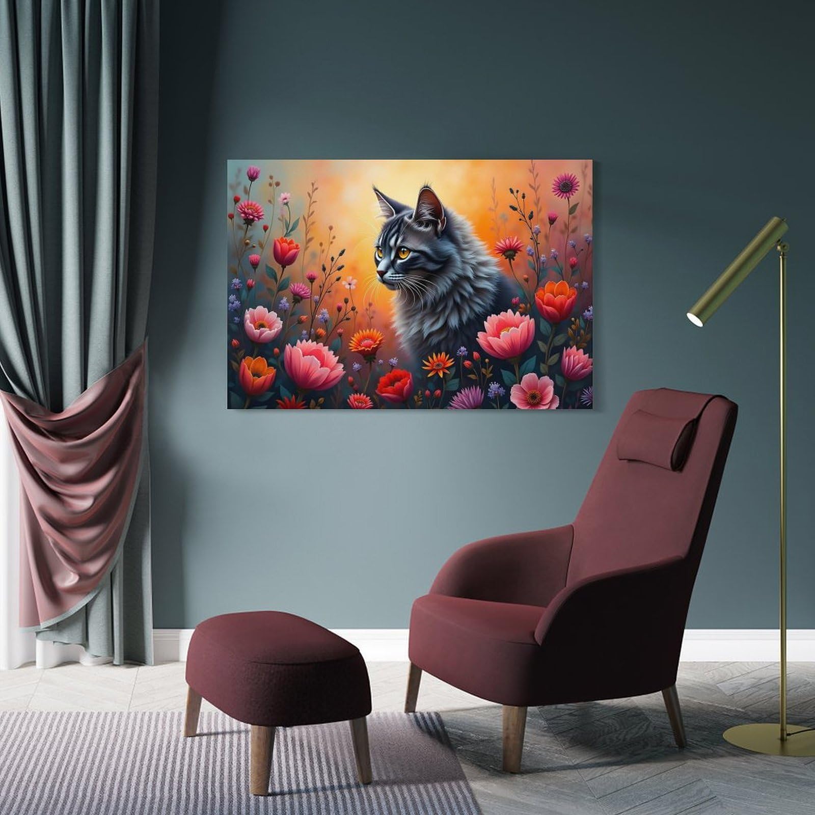 Junmoney Wall Picture Print Maine Coon Cat in A Flower Garden, 20x30inch(50x75cm), for Living Room, Lounge Or Sitting Room, A Home Accent with Warm Character