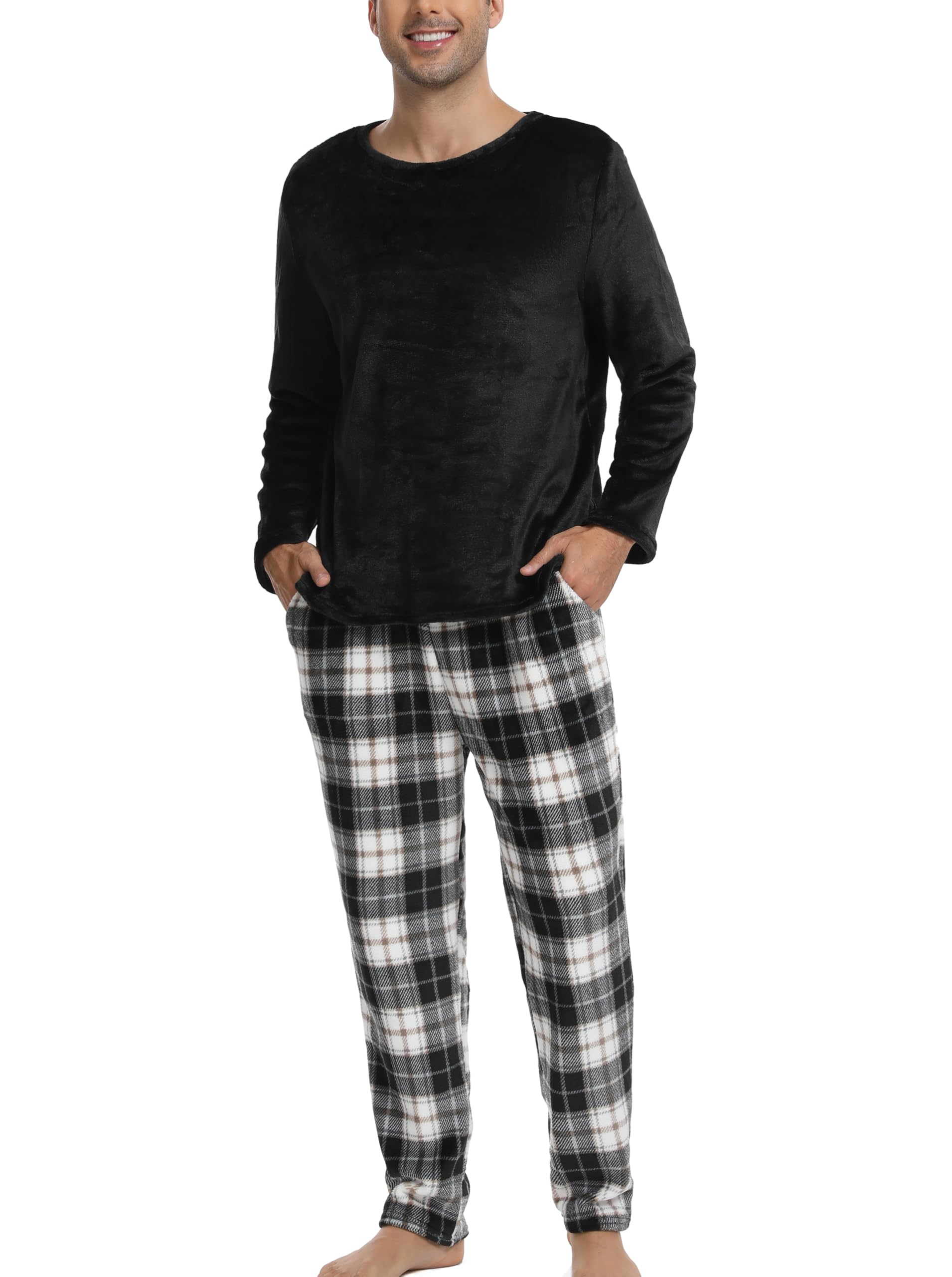 Pyjama Polaire Homme Velours Ensemble Thermique Hiver Chaud Hauts de Pyjama Manches Longues Col Rond Vêtements d'Intérieur Plaid Carreaux Vêtements de Nuit Grande Taille Douce Confortable M-3XL
