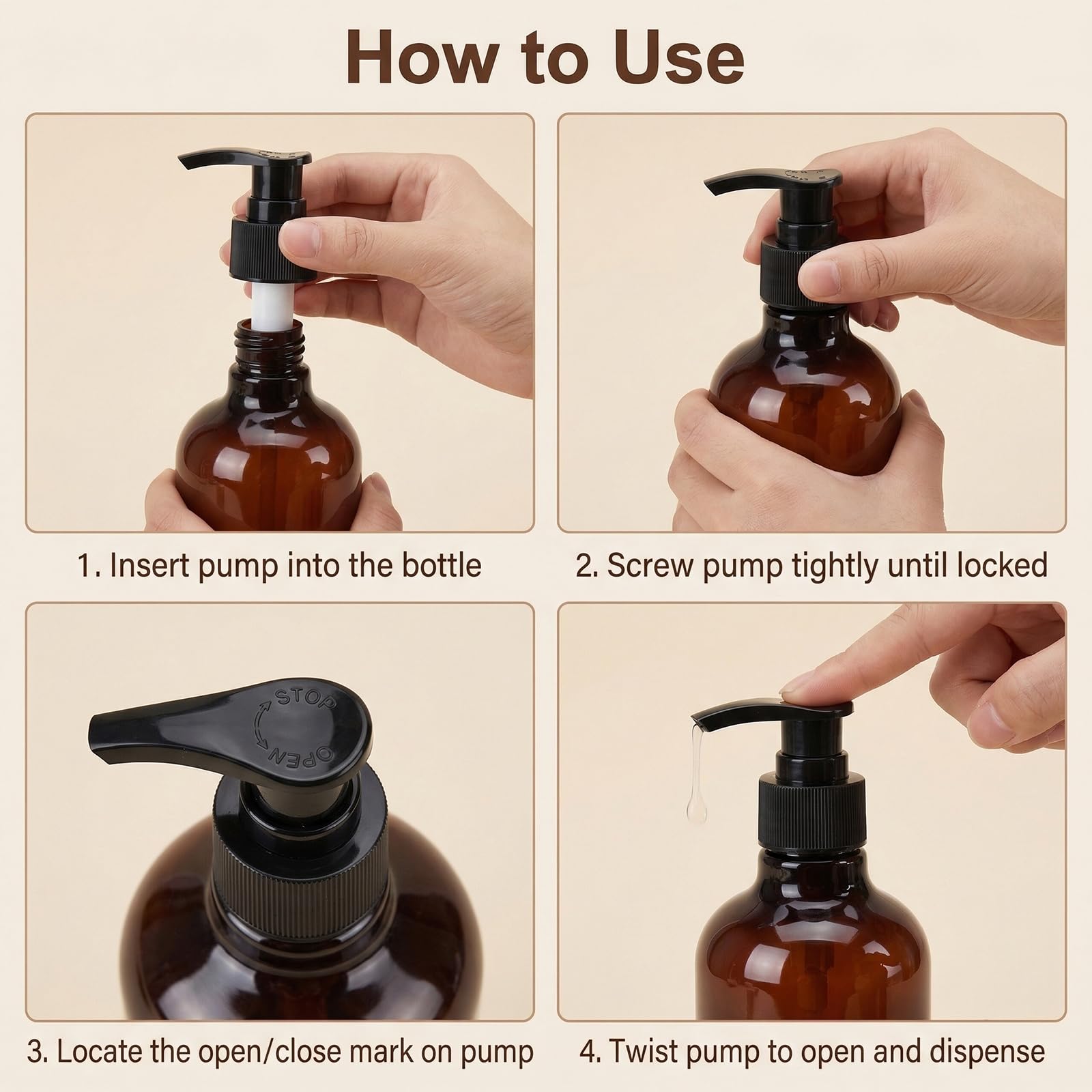 3 bottiglie ricaricabili in plastica PET marrone ambrata da 250 ml, con pompa nera, contenitori vuoti per cosmetici, shampoo, balsamo, gel doccia, lozioni, dispenser, Marrone, 250 ML