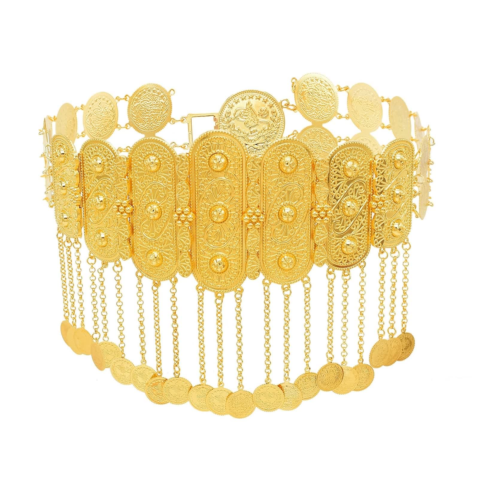 Daesar Körperschmuck Bauchkette Sexy, Taillenkette Vergoldet Breit Blumen mit Münzen Quasten Bauchketten für Frauen Gold