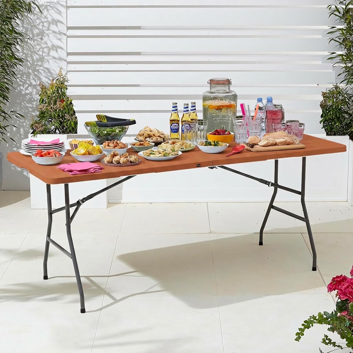 Avilia - Tavolo Pieghevole da Pranzo Salvaspazio per Cucina e Soggiorno, Richiudibile e Portatile con Blocco di Sicurezza, Superficie in HDPE per 6 Persone, 180x70x74 cm (Marrone)
