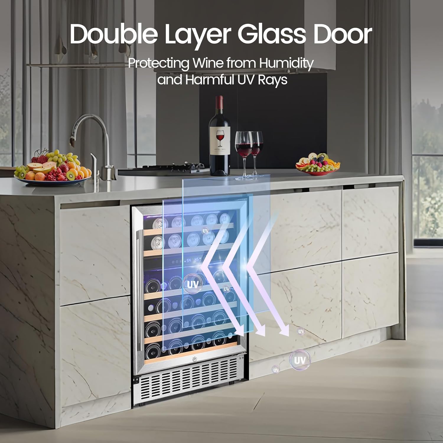 Diagram showing UV protection of the double layer glass door