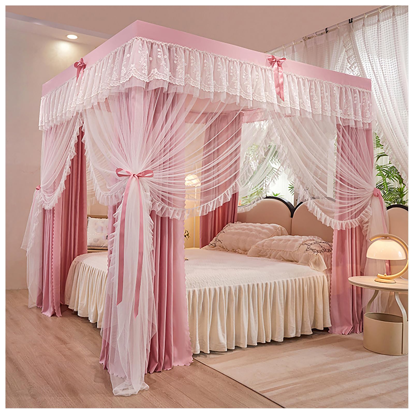 DOUZIO 4 Poster Bed Canopy with Frame – Princess Canopy for Girls Bedroom Decor, Mosquito Net Bed Canopy Set with Curtains, Fits Double/King/Super King Size Bed(Size:150×200cm,Color:Pink-B)