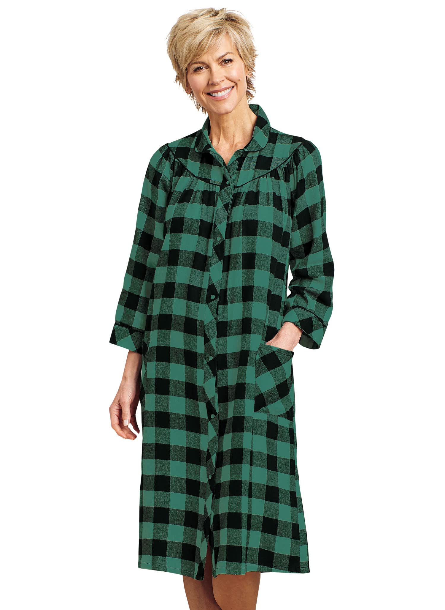AmeriMark Women's Flannel Calf Length Snap Front Duster House Coat – Plush Bath Robe – Loose Plaid Bathrobe ¾ Sleeves