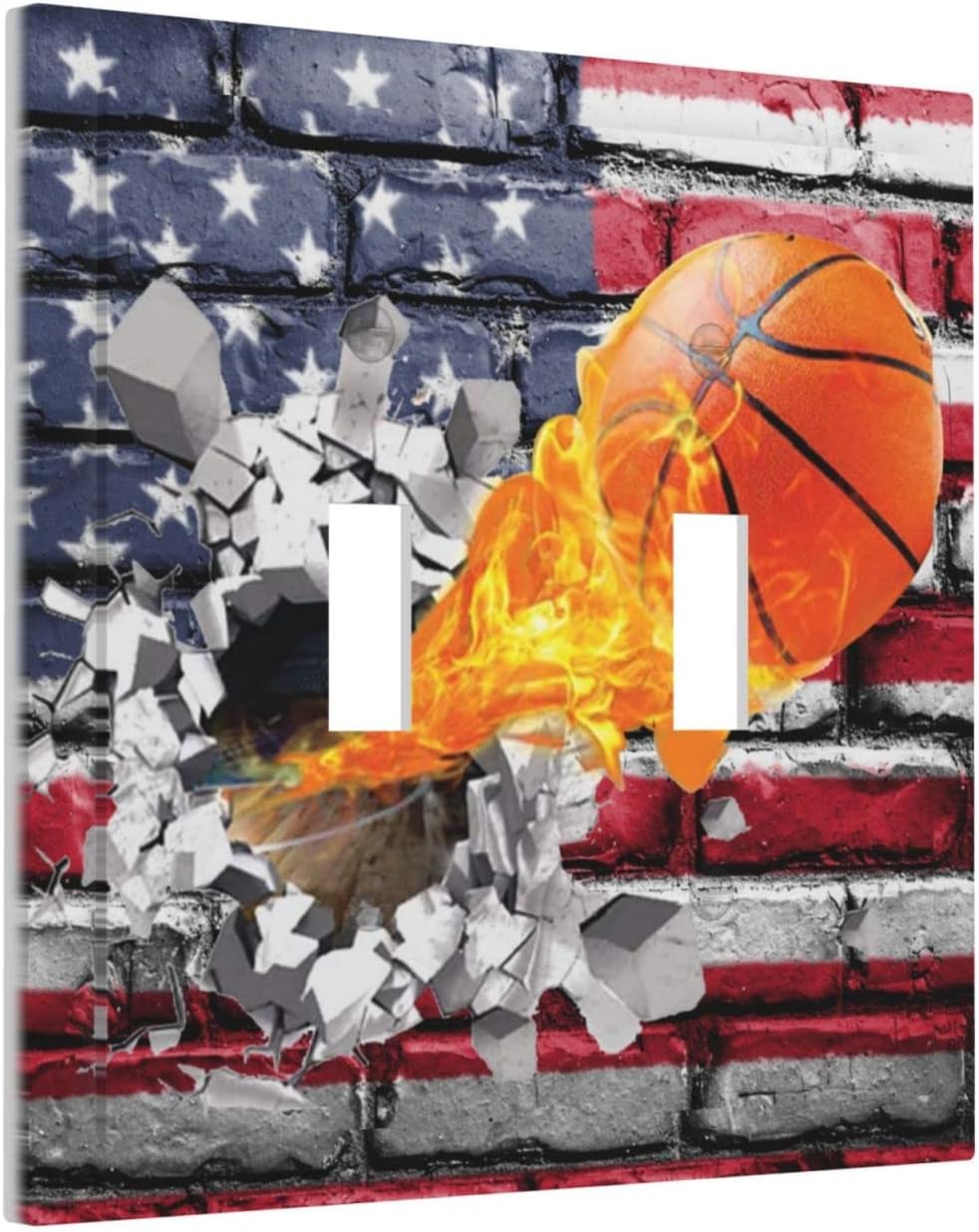 Basketball Sport American Flag 2 Gang Double Toggle Light Switch Cover Decorative Wall Plate Electrical Faceplate for Bathroom Home Bedroom House Decor 5" x 4.9 Oversized