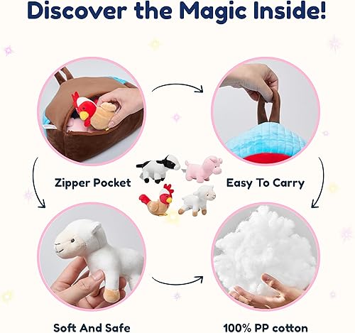 Miniatura 5 de PixieCrush Granero de peluche con animales de granja, juego de 5, textiles suaves, incluye 4 animales de granja de peluche, pollo, vaca, pollo,