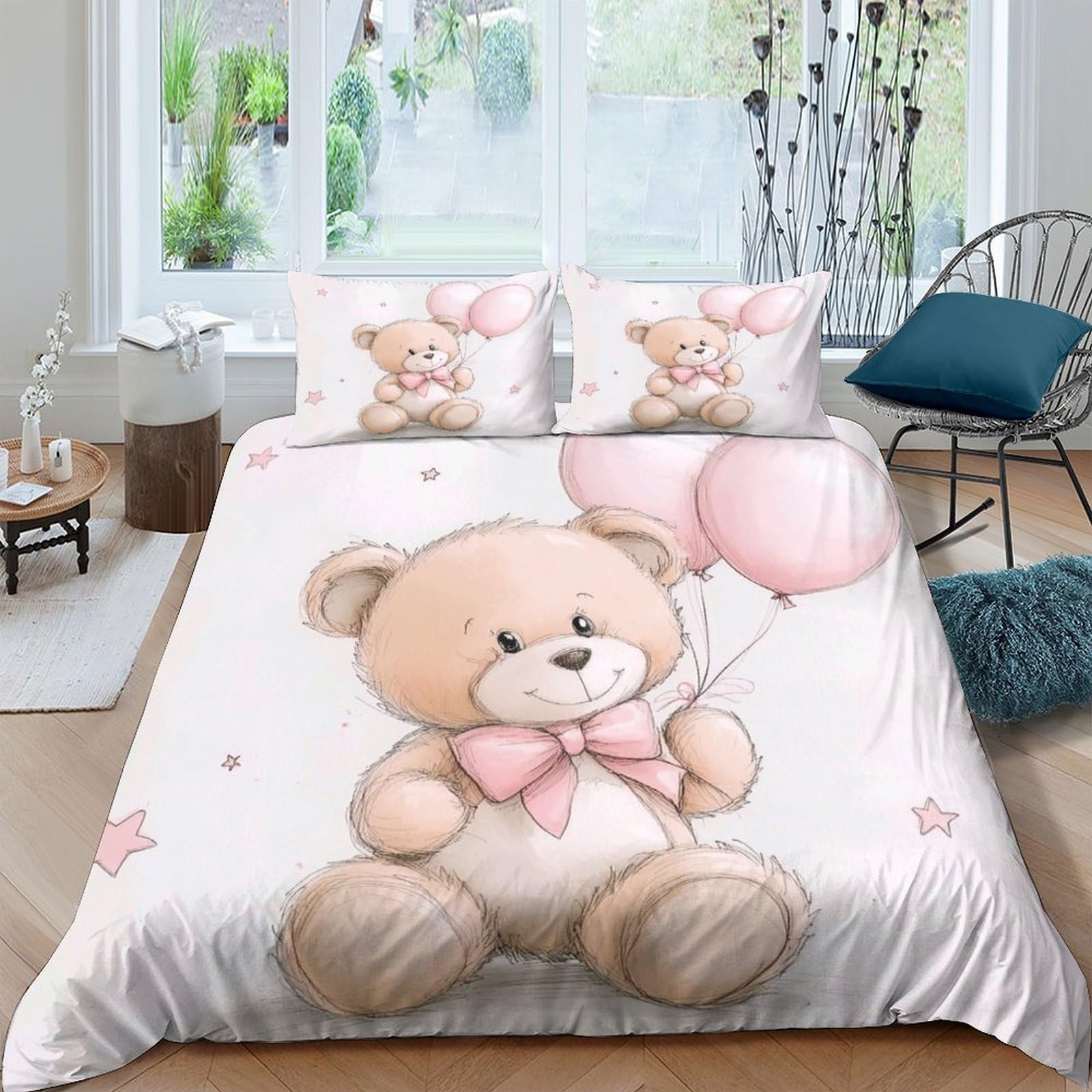 P5V6M1Q9 3D Printed Cute Teddy Bear Duvet Cover Microfiber Soft Pink Balloon Quilt Cover Set with 2 Pillowcases for Bedroom Decor Single（135x200cm）