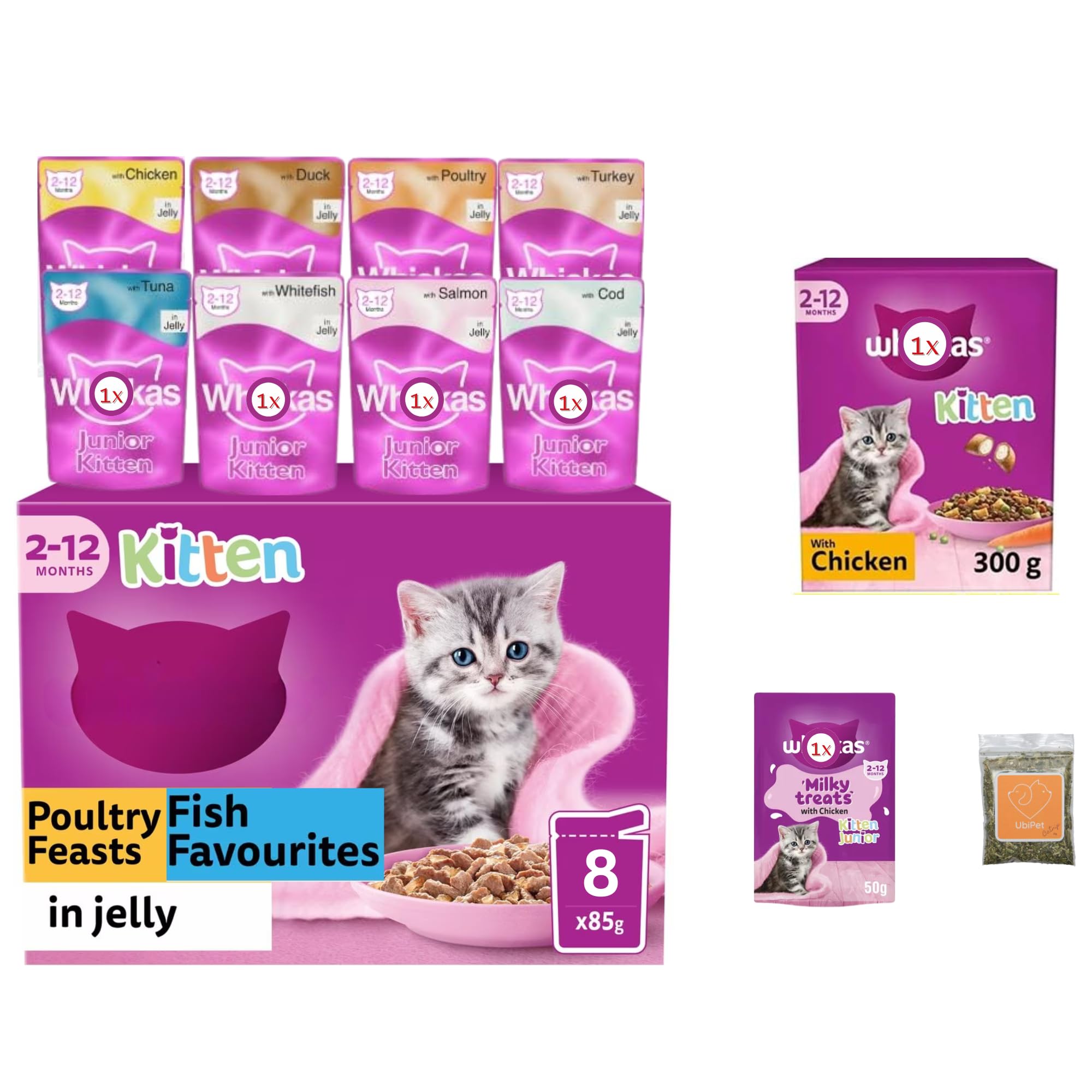 Kitten Food Variety Bundle with Poultry Feast and Fish Favourites (Total 8x85 gram), Milky Treats (1x50 gram), Chicken Dry Kitten Food (1x300 gram), Ubipet Catnip and Lint Roller