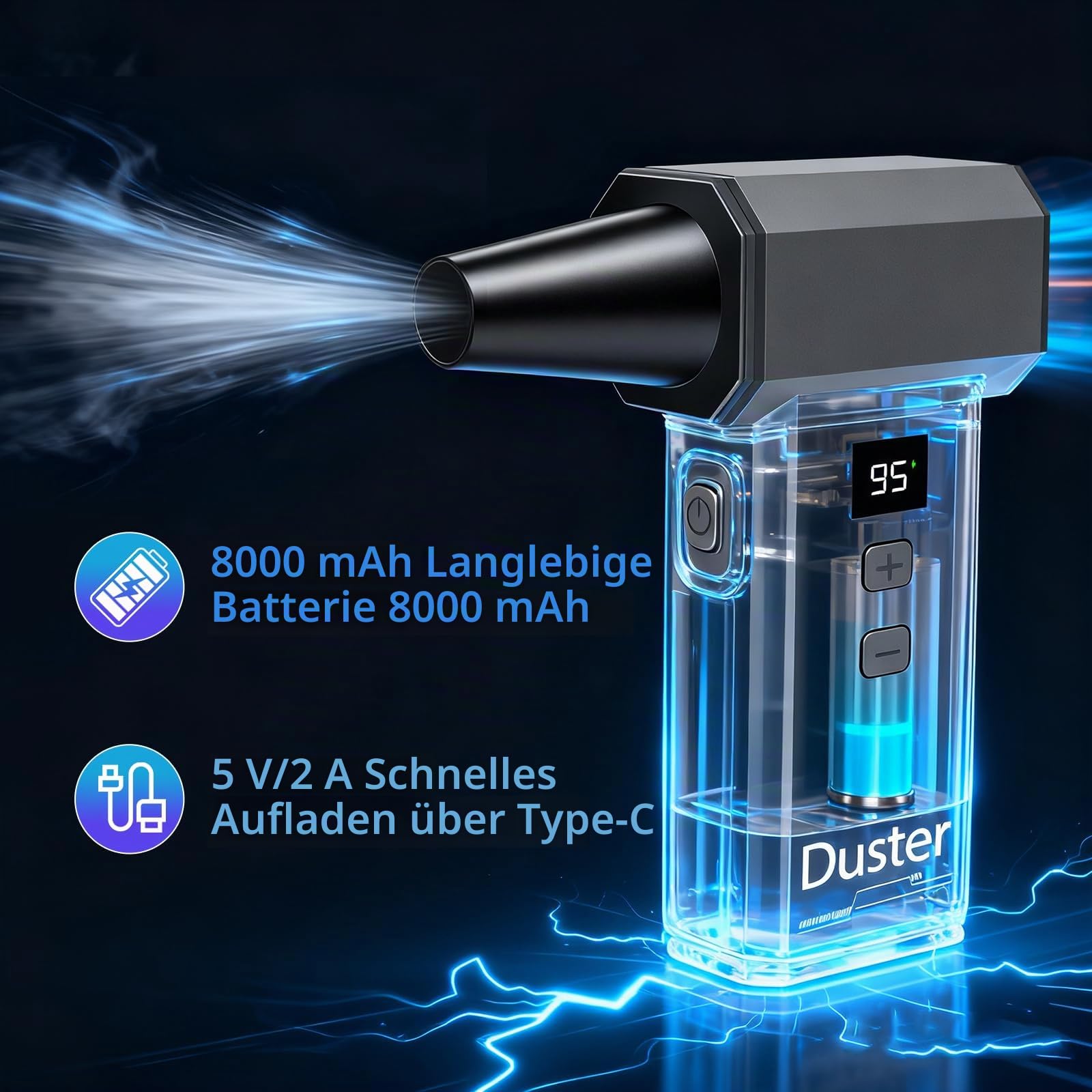 2-in-1 Elektrische Staubgebläse & Mini Staubsauger - 180000 U/min Druckluftspray mit Turboleistung 100-Stufen Compressed Air Duster mit LED Display 8000mAh Akku Gebläse für PC Tastatur Auto (02)