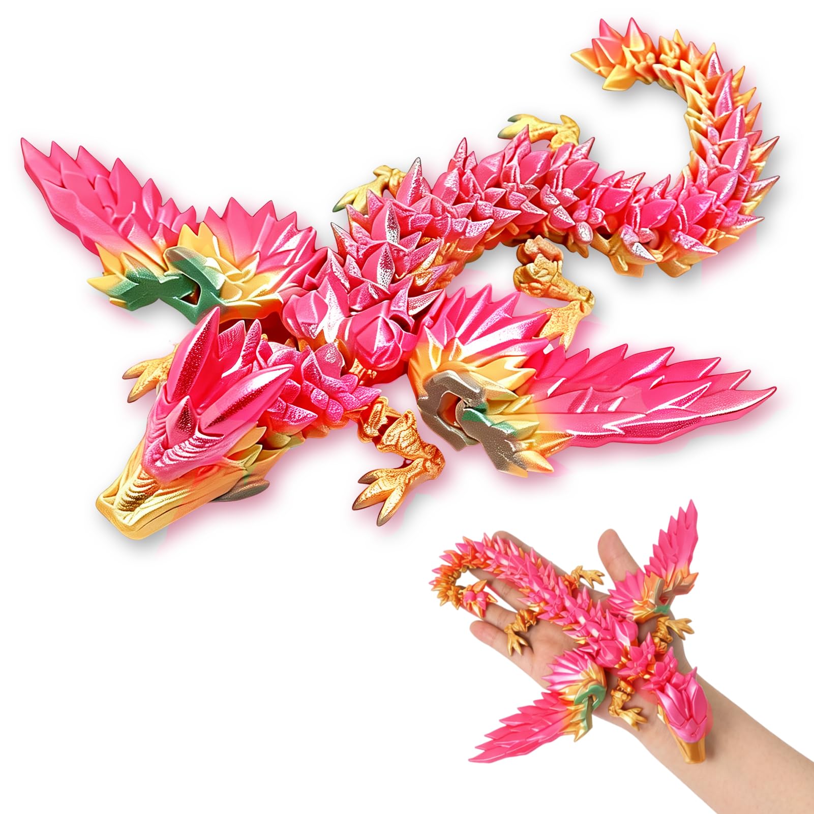 3D Printed Dragon with Wings, Rainbow Dazzling Gradient Crystal Wyrm, Articulated 3D Dragon, 3D Printed Animals Flexible Big Fidget, Dragon Fidget Toy for Home Office Decor, Easter Birthday Gifts