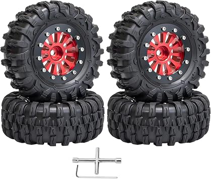4PCS 1.3" Beadlock Wheel Tires Set 1.3inch Aluminum Beadlock Wheel Rim & 2.56inch Colored Rubber Crawler Tires for 1/18 TRX4M 1/24 SCX24 FCX24 RC Crawler Car black tires + red wheel hub