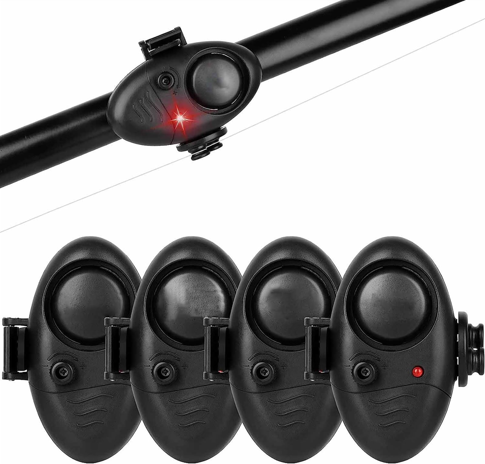 THE WHITE SHOP 4PCS Fishing Bite Alarm Indicator, LED Lighted Fishing Bite Alarm Bell, Electronic Adjustable Volume Sensitive Digital Sound Alarm, Suitable for daytime and nighttime carp fishing with 4pcs Black