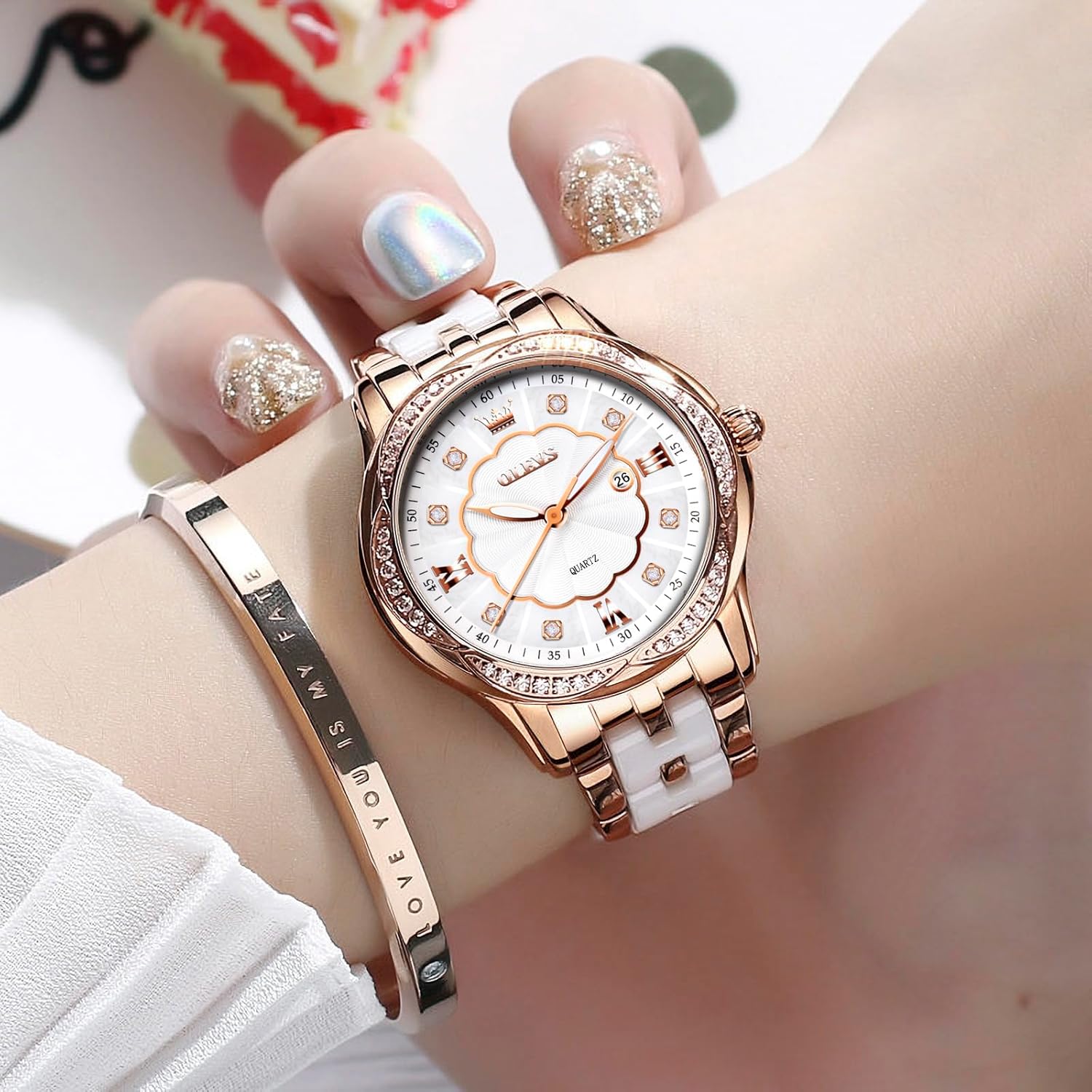 OLEVS Womens Ceramic Watch Luxury Shinning Diamond Rose Gold Watch for Women Analog Quartz Ladies Dress Watches Casual Waterproof Wrist Watches for Woman with Day Date Reloj para Mujer - Image 5