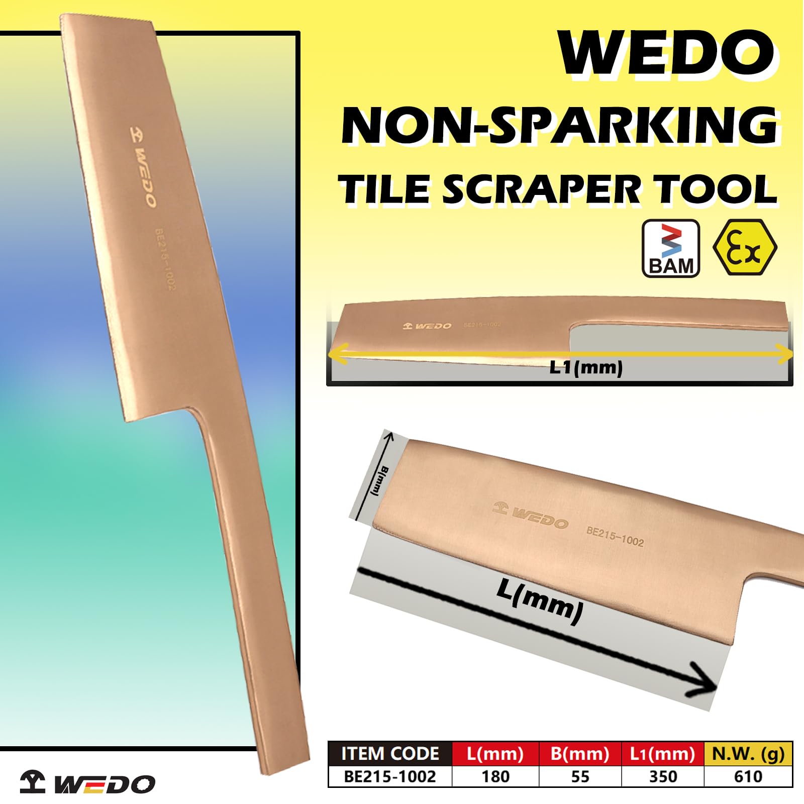 WEDO Raspador de suelo sin chispas, herramienta de escalado de azulejos, hoja 55 x 180 mm, longitud 350 mm, cobre berilio, no magnético, raspador de pintura sin chispas, certificado BAM/FM, uso para