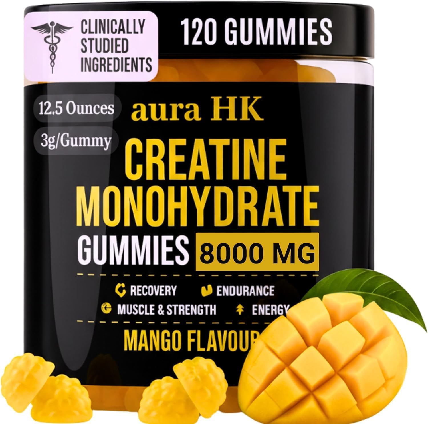 Sugar Free Creatine Monohydrate Gummies 8000mg Per Serving for Men & Women, Mango Flavour, Vegan 5000mg Creatine, BCAA, Taurine, L-Carnitine, Vitamins B12 & B6 Strength, Focus & Endurance, 120 Gummies Mango 8000