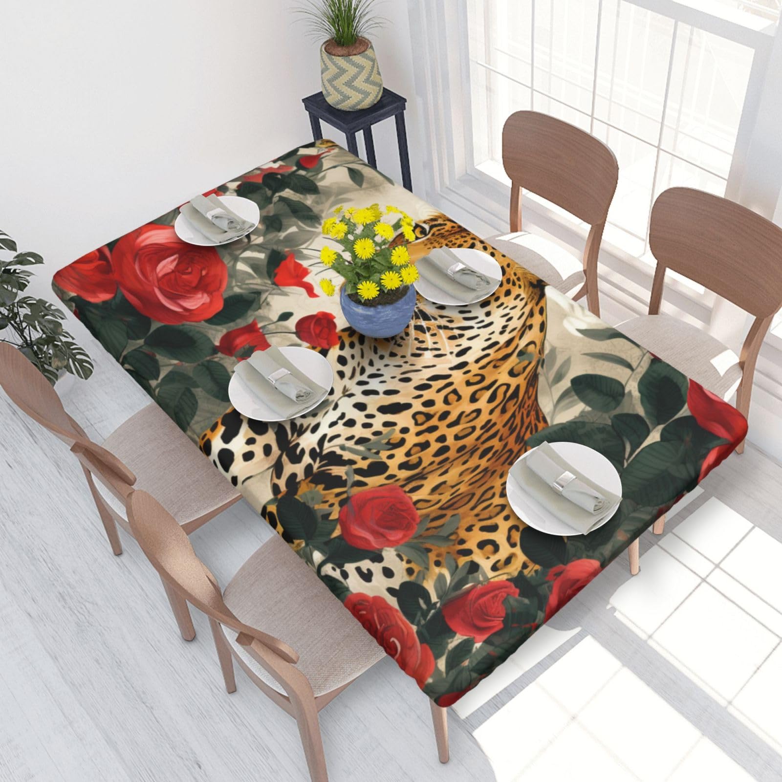 Dcarsetcv Leopard And Roses Printed 4Ft Waterproof Tablecloth With Elastic Edged Protect & Decor Your Table, Oil-Proof Washable Table Cloth Cover For Dinner Picnic Party