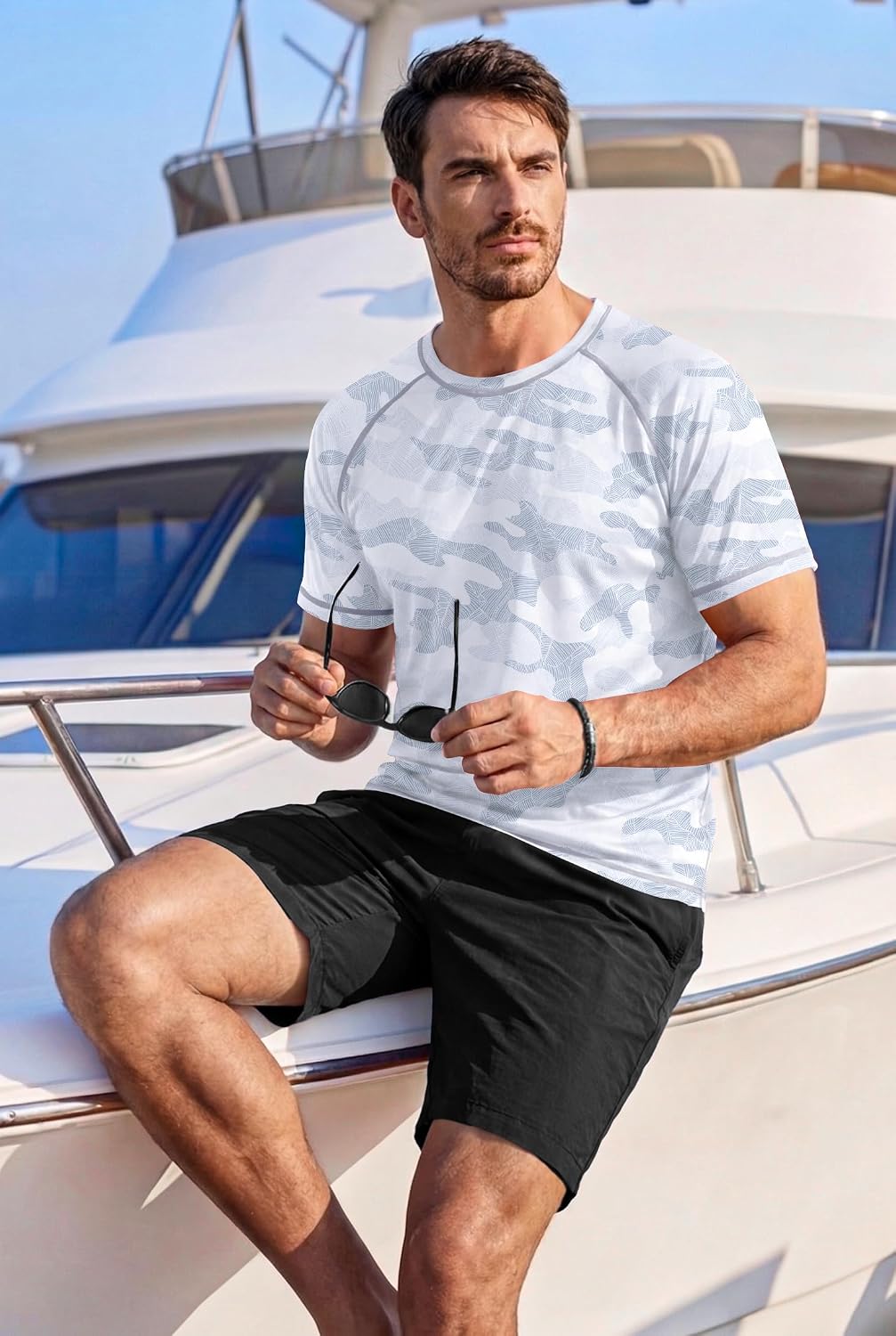 Men Rash Guard Swim Shirts UPF 50+ Sun Protection Quick Dry Allover Print Camo Tee (S-XXL)