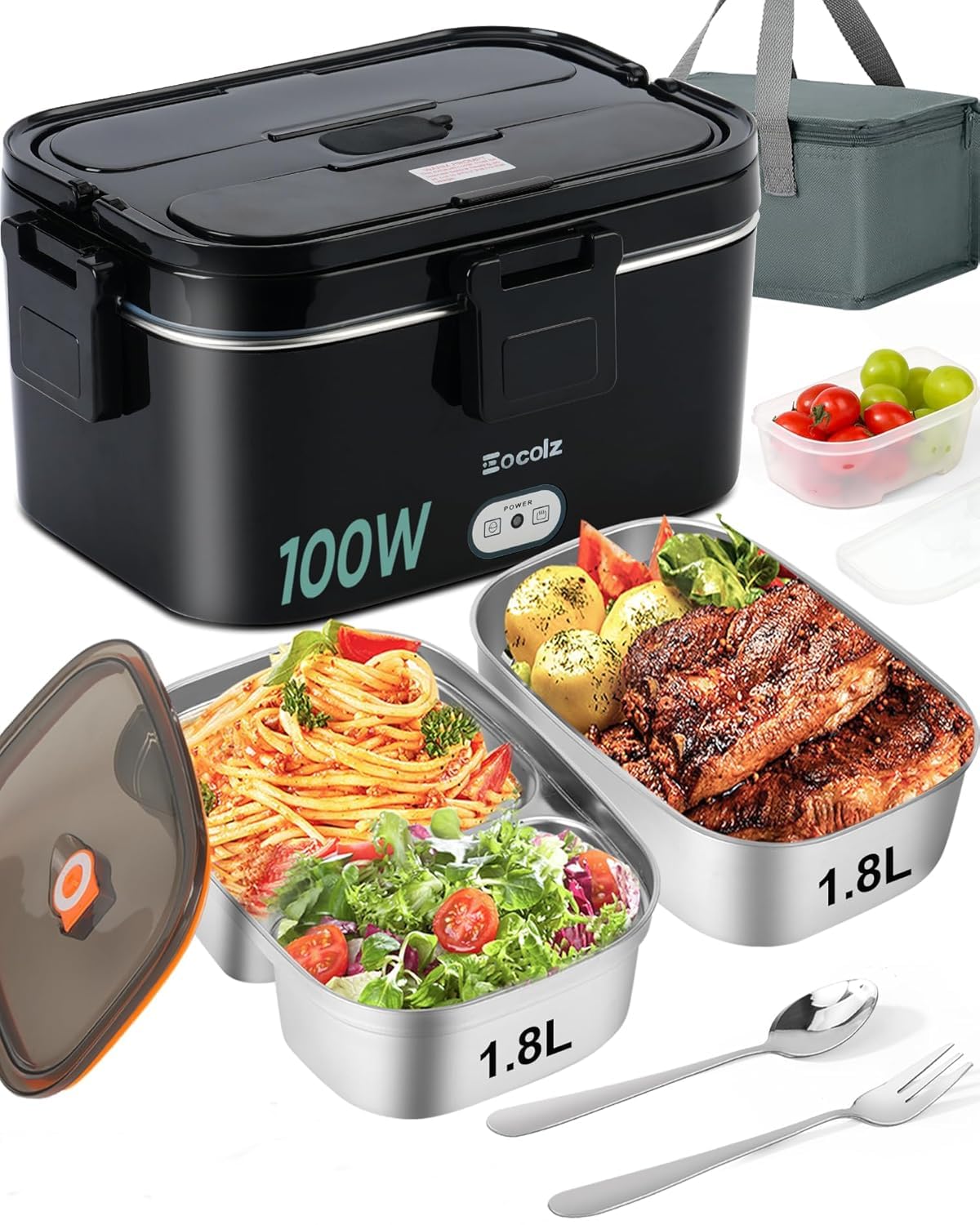 Electric Lunch Box Food Heater - 100W Fast Heating Lunch Box 12V/24V/110-230V Warming Lunchbox, Dual 1.8L Containers, Portable Food Warmer for Car/Truck/Travel, with Spork & Insulated Carry Bag