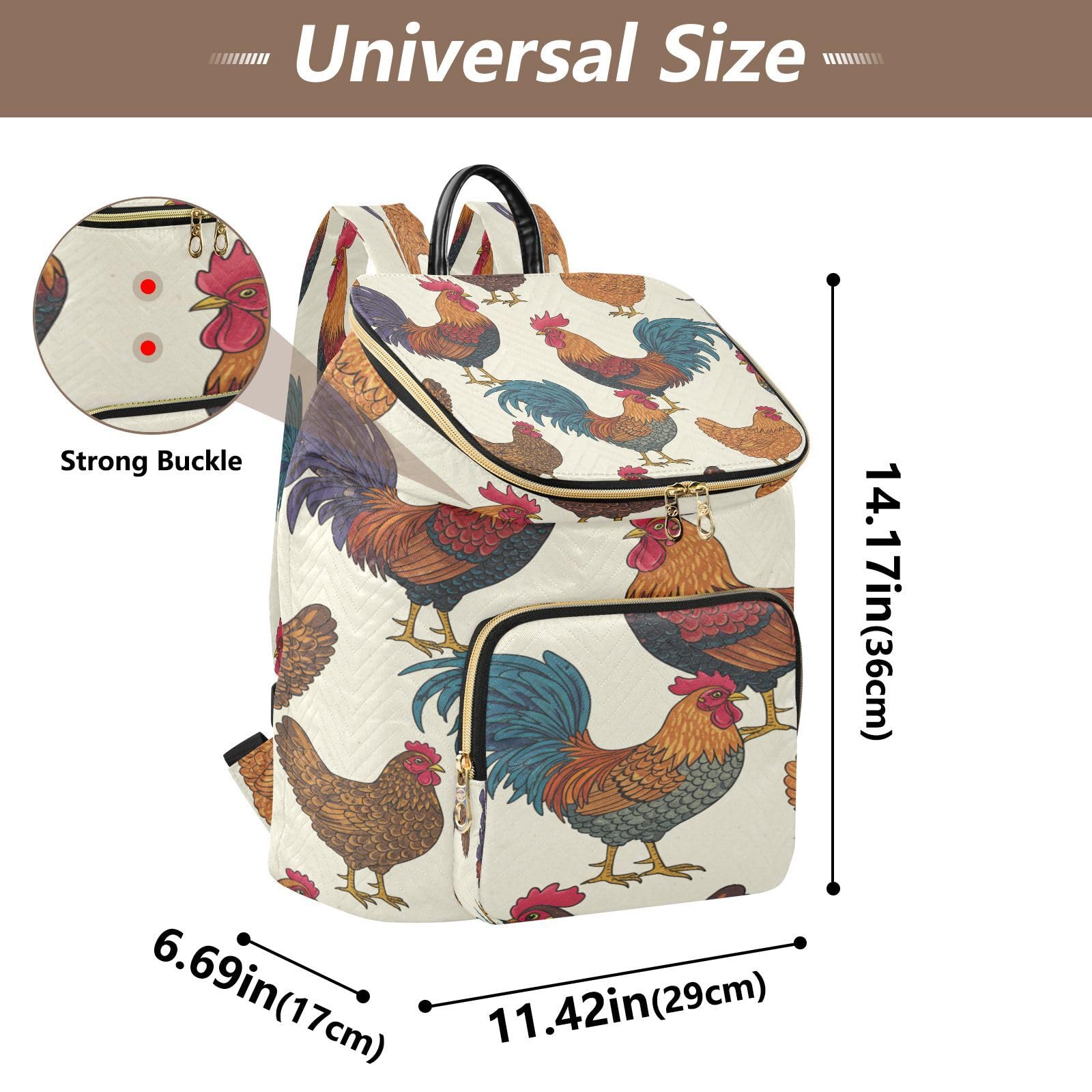 Mnsruu Gesteppter Rucksack für Damen, Hahn Huhn, Reise-Laptop-Tasche mit Gepäckgurt und versteckten Taschen, leicht, lässig, Arbeit, College, Tagesrucksack (29 × 17 × 36 cm)