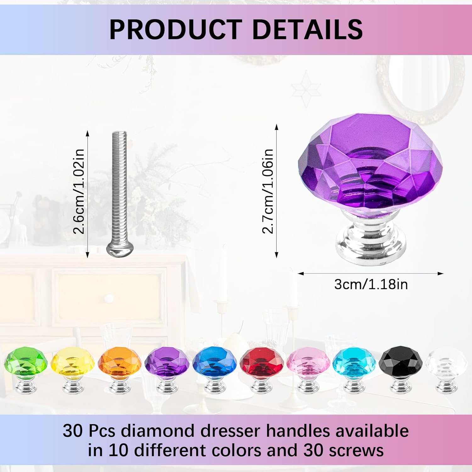 30 Pcs Colorful Crystal Drawer Knobs, 30mm Glass Dresser Knobs Cabinet Diamond Shape Pulls Handle for Wardrobe, Kitchen, Bathroom, Cupboard(10 Colors)