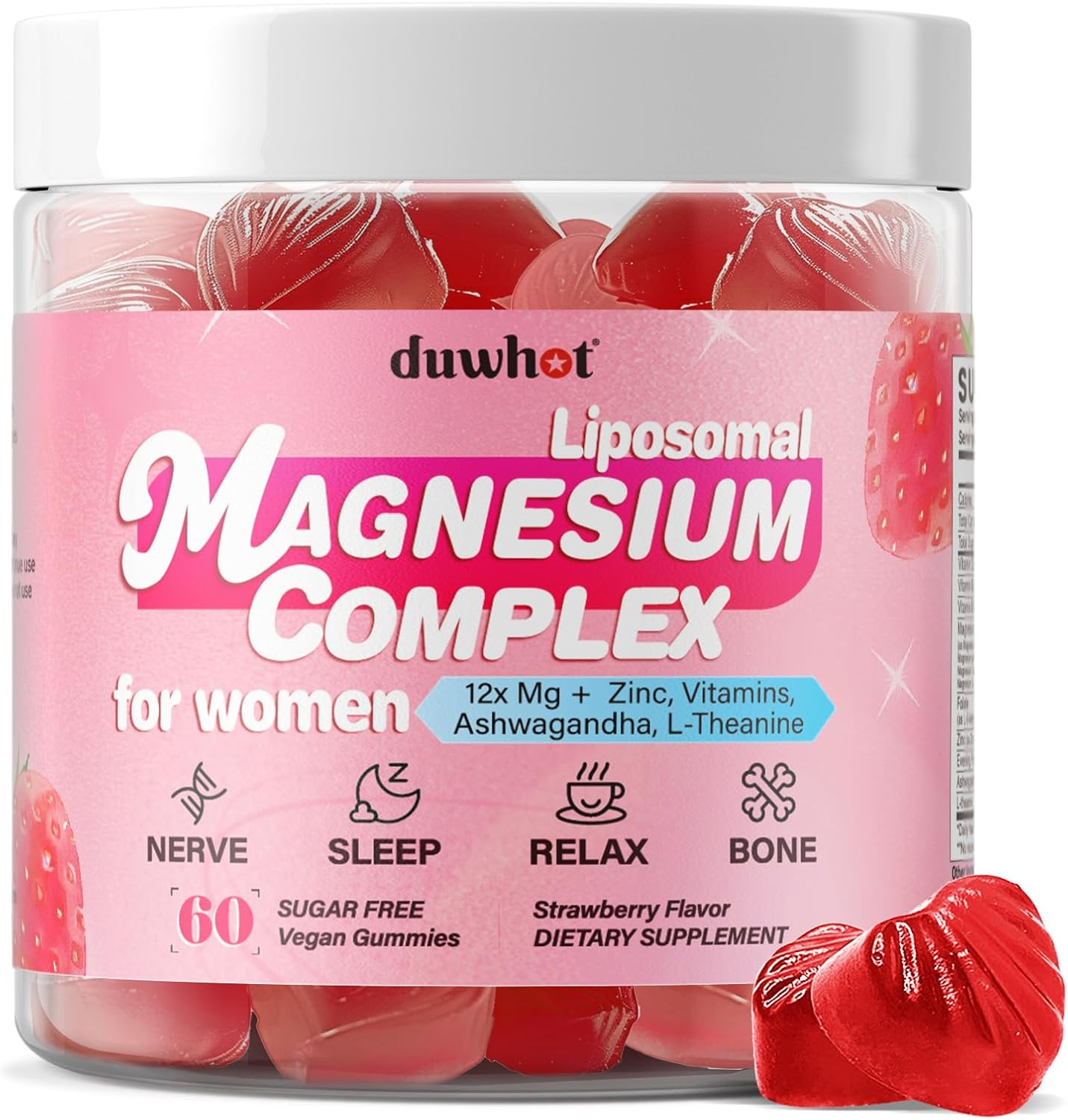12-in-1 Magnesium Complex Gummies for Women, 1000mg Liposomal Magnesium Glycinate Citrate Malate Oxide Supplement with D3, Methylated B6&12, Zinc for Relax, Sleep, Bone, Muscle Health, Vegan, 60 Chews