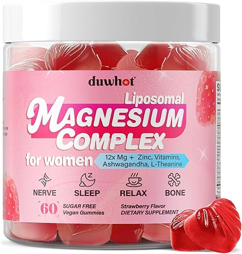 Gomitas de complejo de magnesio 12 en 1 para mujeres, 1000 mg de citrato de glicinato de magnesio liposomal, carbonato, suplemento de óxido de