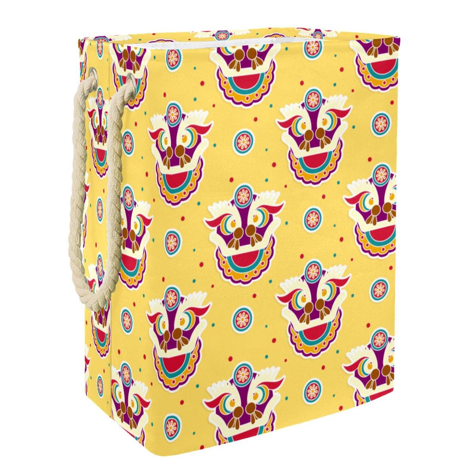 Grand panier à linge personnalisé motif danse lion et poignées pour chambre