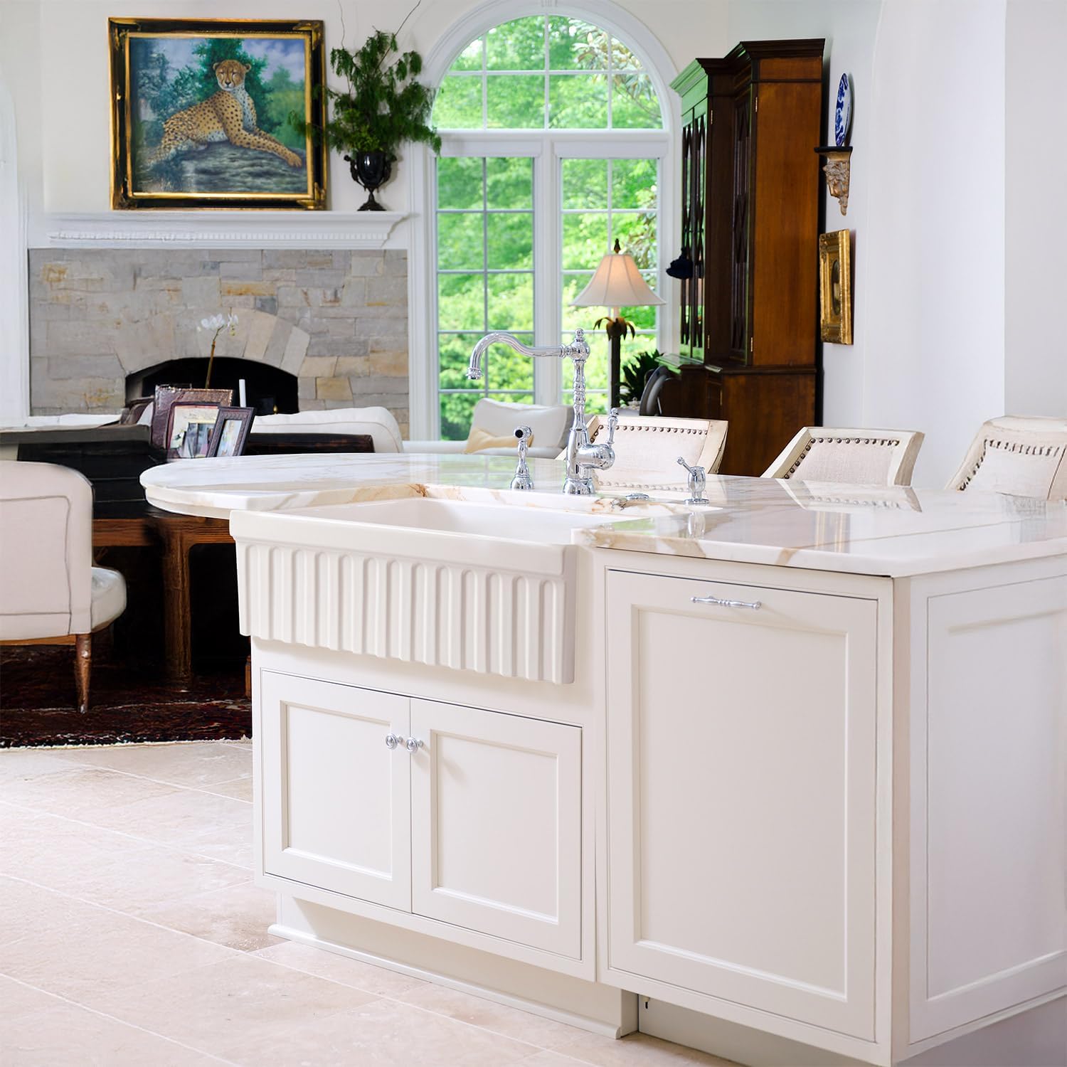 Whitehaus WHQ330 30-Inch Quatro Alcove Reversible Fireclay Sink with Fluted Front Aprond Decorative 2 1/2-Inch Lip One Sided 2-Inch Lip on Other Side, Biscuit